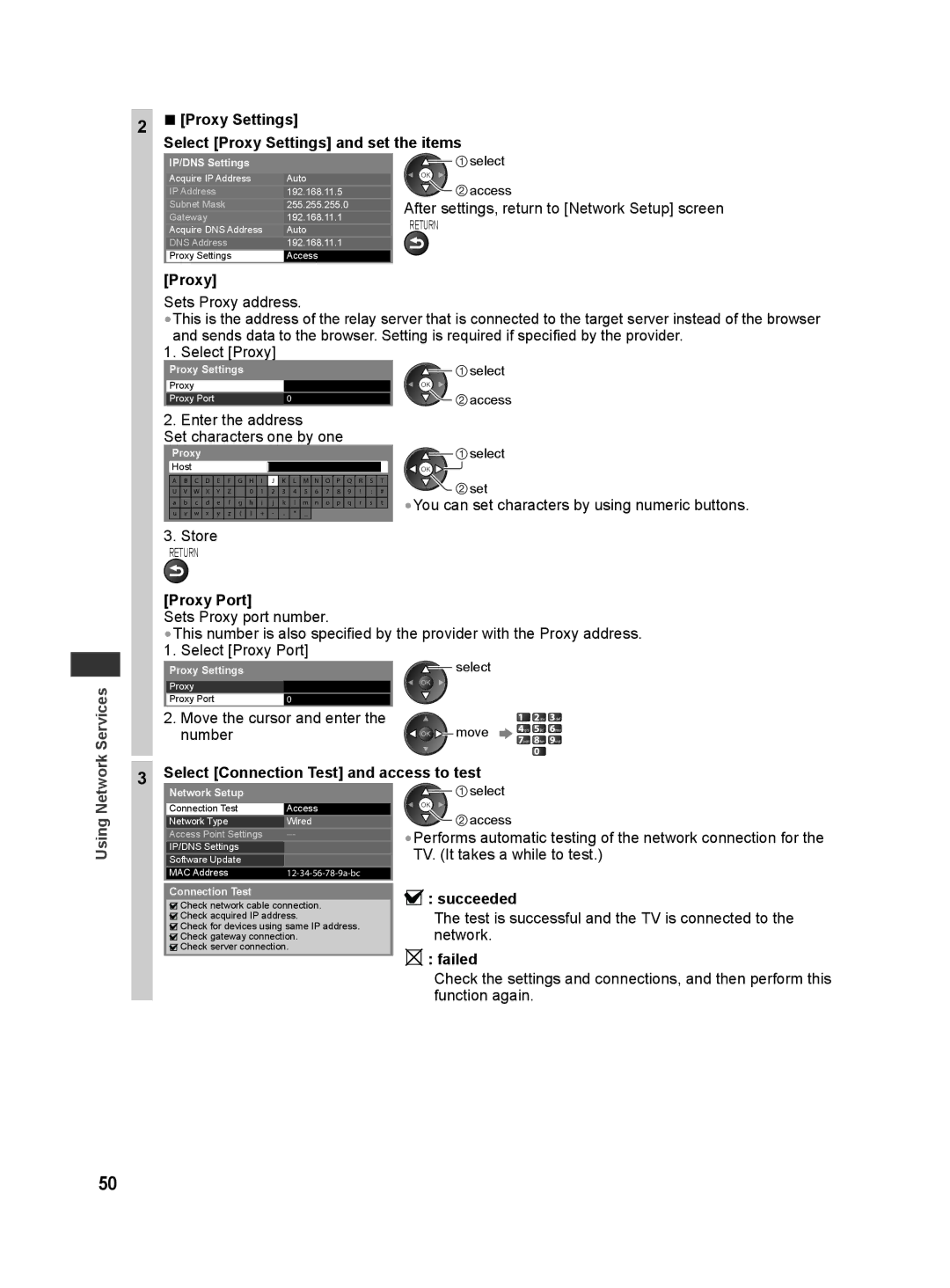 Panasonic TH-L42E30X, TH-L42E30T, TH-L42E30M, TH-L42E30K Proxy Settings Select Proxy Settings and set the items, Proxy Port 