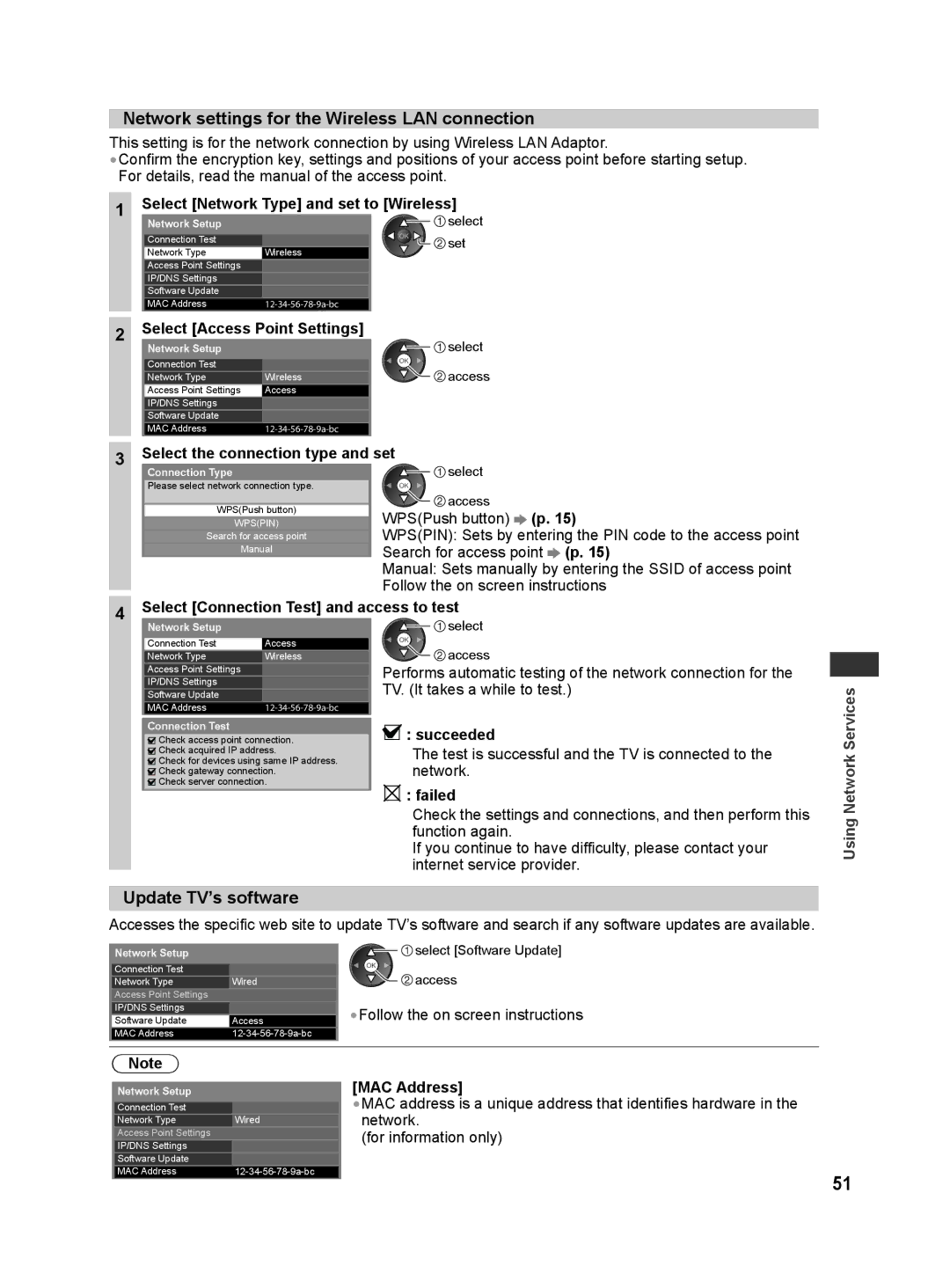 Panasonic TH-L42E30T, TH-L42E30X Network settings for the Wireless LAN connection, Update TV’s software, Set, MAC Address 