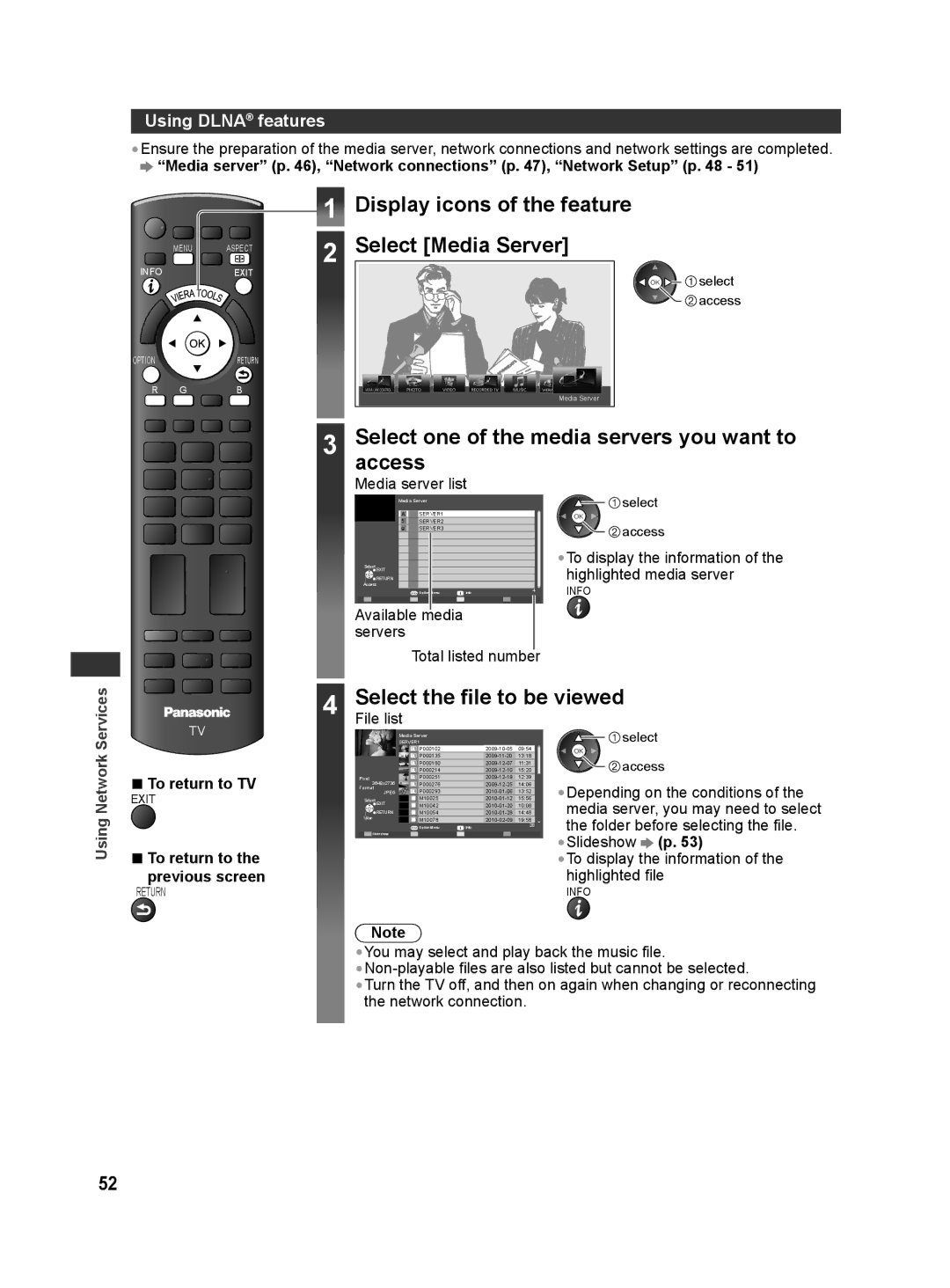 Panasonic TH-L42E30M Display icons of the feature Select Media Server, Select one of the media servers you want to access 