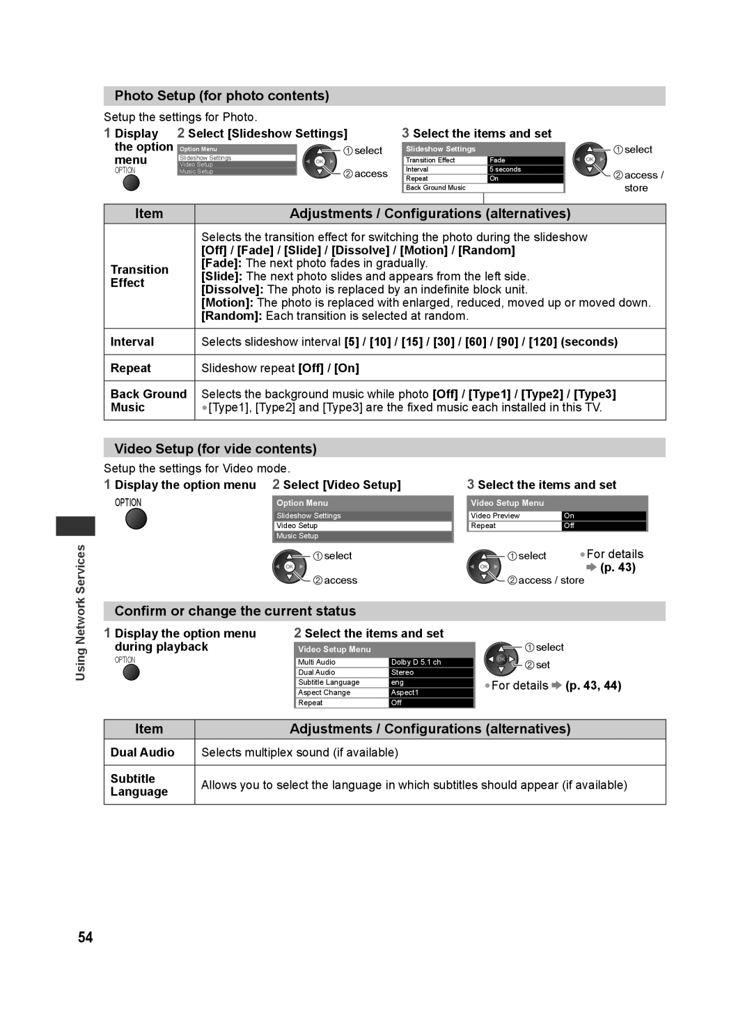 Panasonic TH-L32E30M Photo Setup for photo contents, Video Setup for vide contents, Confirm or change the current status 