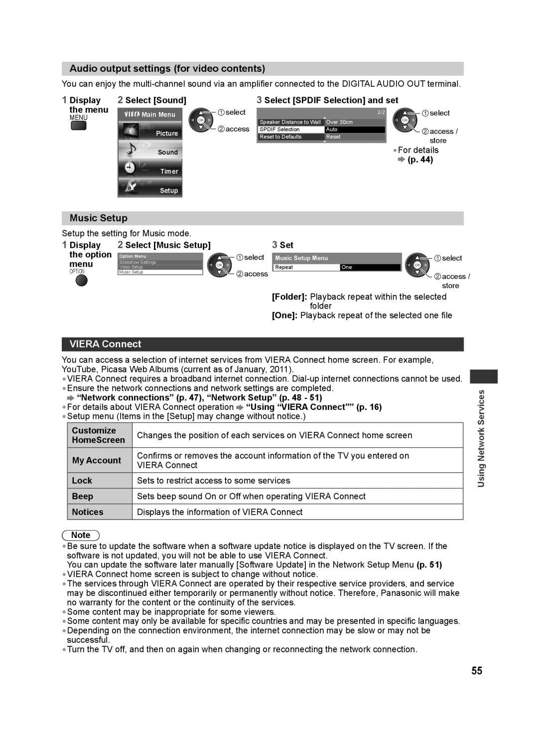 Panasonic TH-L42E30X, TH-L42E30T, TH-L42E30M, TH-L42E30K, TH-L32E30M Audio output settings for video contents, Viera Connect 