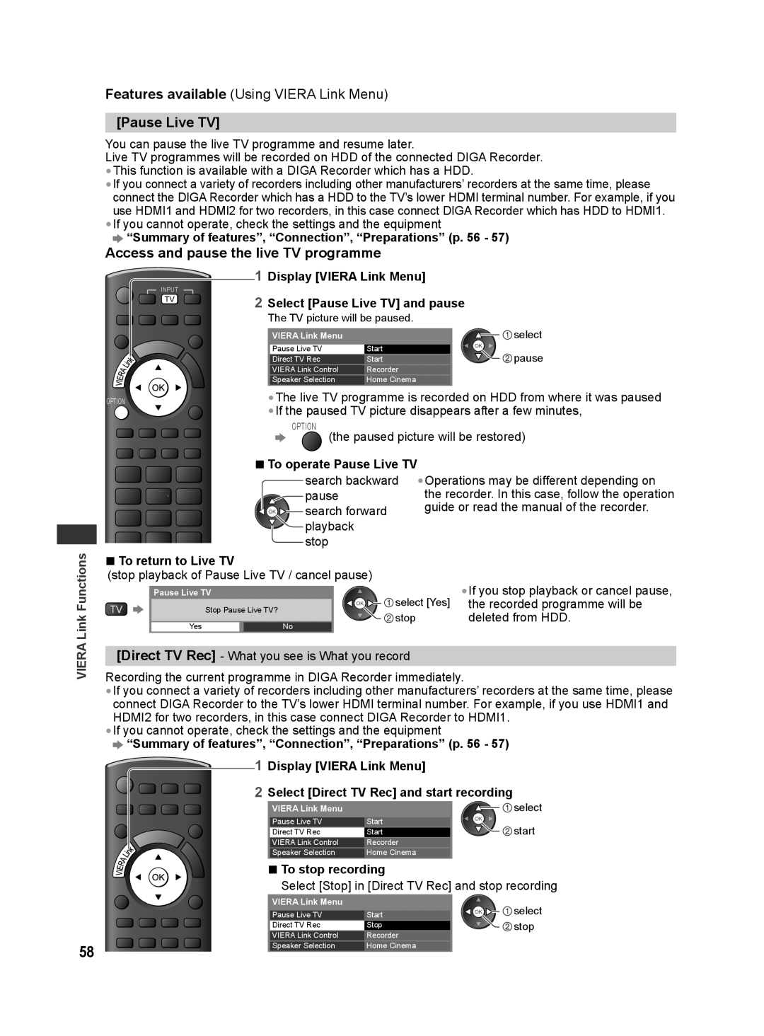 Panasonic TH-L42E30K, TH-L42E30X, TH-L42E30T, TH-L42E30M, TH-L32E30M Pause Live TV, Access and pause the live TV programme 