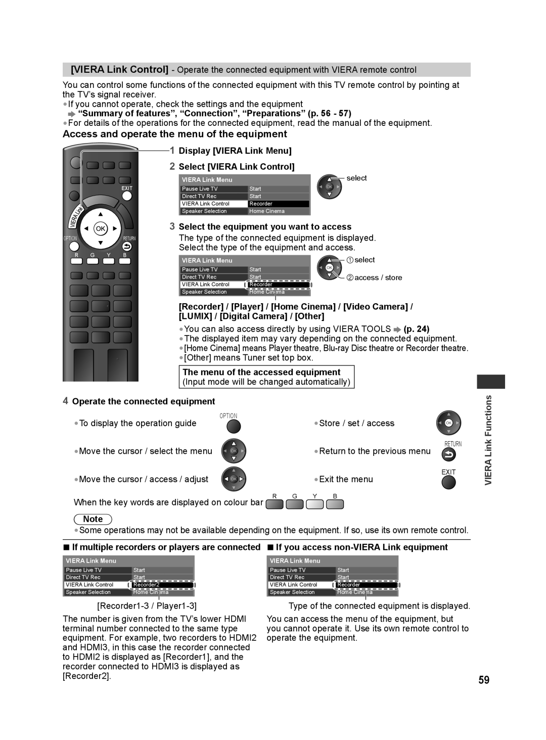 Panasonic TH-L32E30M manual Access and operate the menu of the equipment, Display Viera Link Menu Select Viera Link Control 