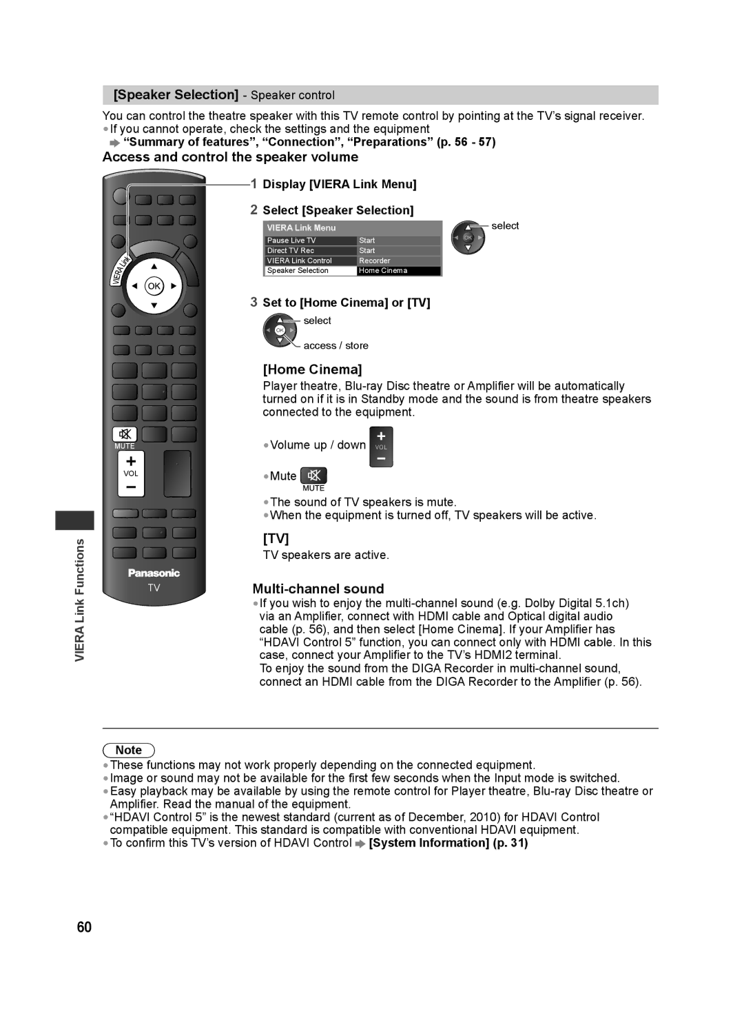 Panasonic TH-L42E30X, TH-L42E30T Speaker Selection Speaker control, Access and control the speaker volume, Home Cinema 