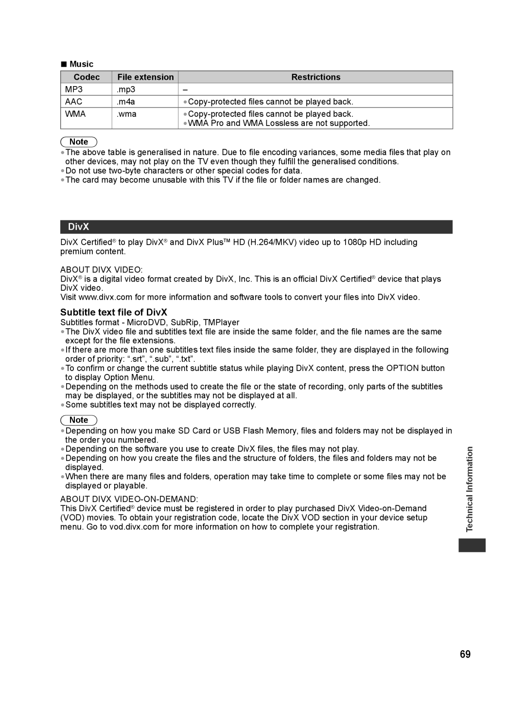 Panasonic TH-L32E30M, TH-L42E30X, TH-L42E30T, TH-L42E30M manual Subtitle text file of DivX, Music Codec, Restrictions 