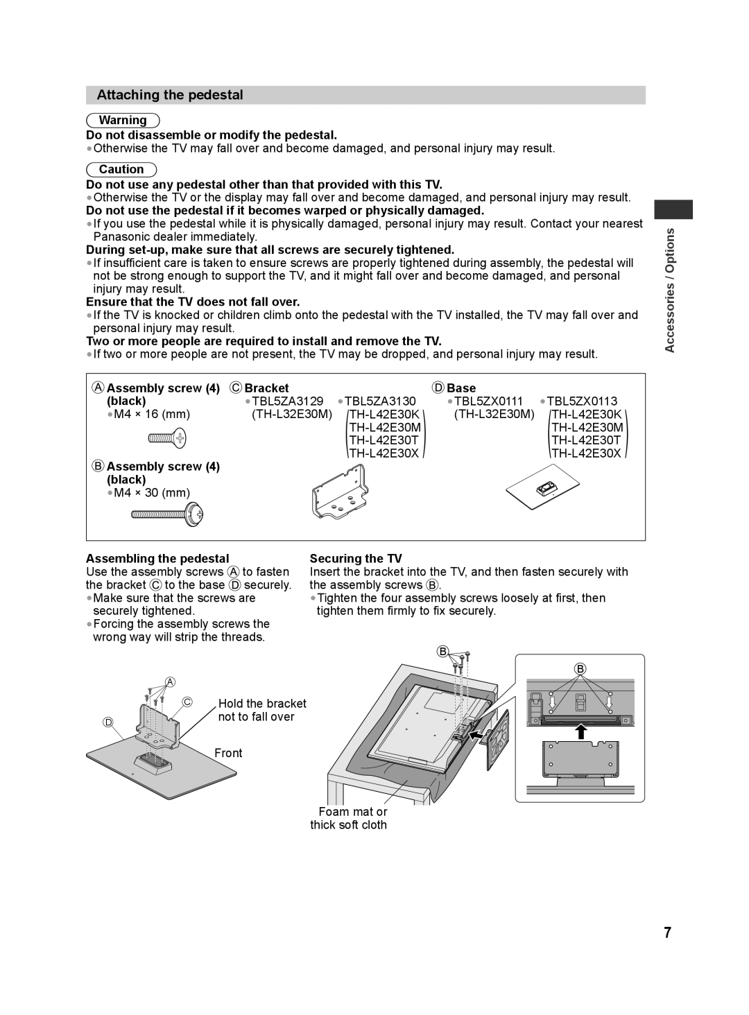 Panasonic TH-L42E30M, TH-L42E30X, TH-L42E30T, TH-L42E30K, TH-L32E30M manual Attaching the pedestal 