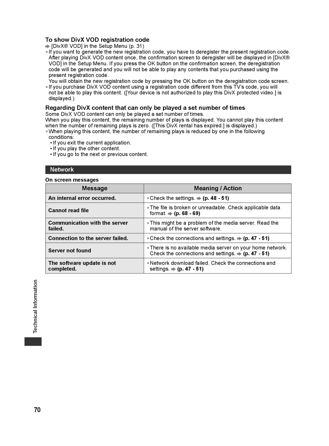 Panasonic TH-L42E30X, TH-L42E30T, TH-L42E30M, TH-L42E30K, TH-L32E30M manual To show DivX VOD registration code, Network 