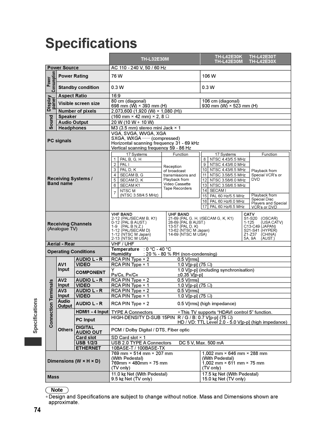 Panasonic manual Specifications, TH-L32E30M TH-L42E30K TH-L42E30T TH-L42E30M TH-L42E30X 