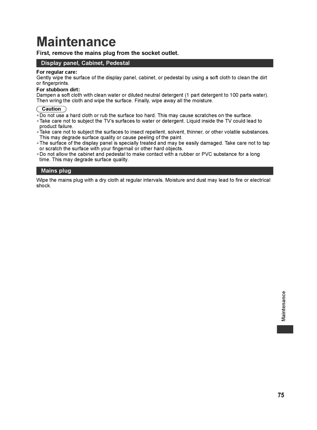 Panasonic TH-L42E30X Maintenance, First, remove the mains plug from the socket outlet, Display panel, Cabinet, Pedestal 