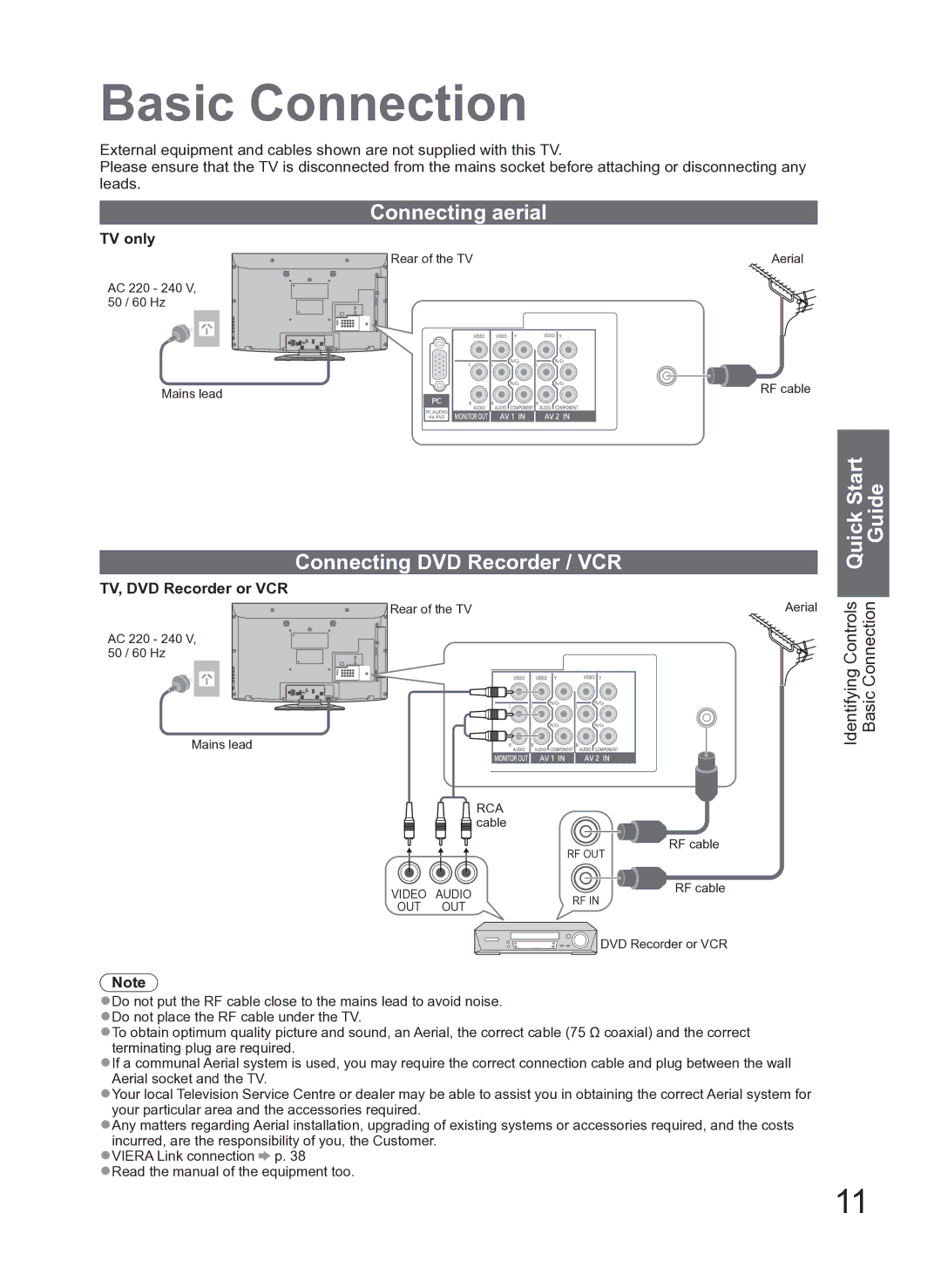 Panasonic TH-L42S10A Basic Connection, Connecting aerial, Connecting DVD Recorder / VCR, TV only, TV, DVD Recorder or VCR 