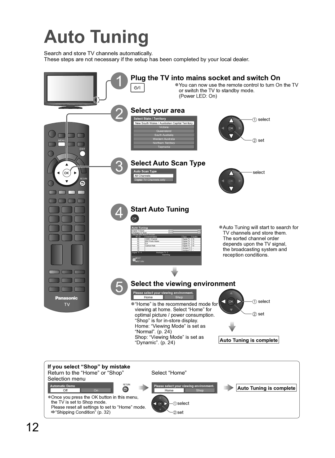 Panasonic TH-L42S10A manual Plug the TV into mains socket and switch On, Select your area, Start Auto Tuning 