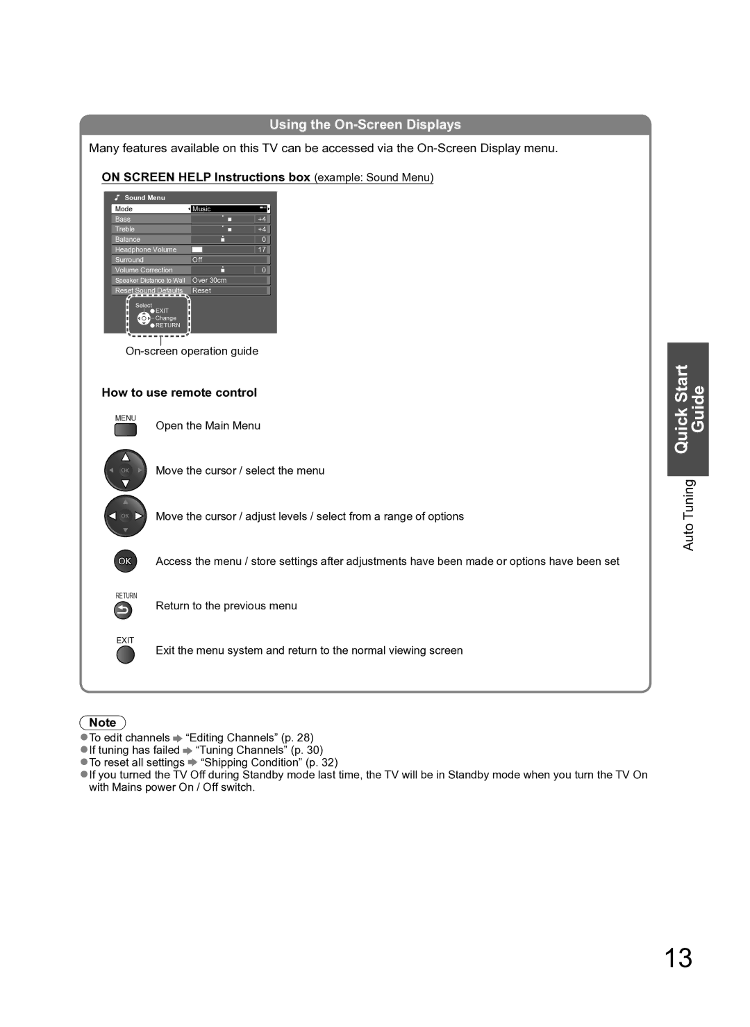 Panasonic TH-L42S10A manual Quick Start, Using the On-Screen Displays, On Screen Help Instructions box example Sound Menu 