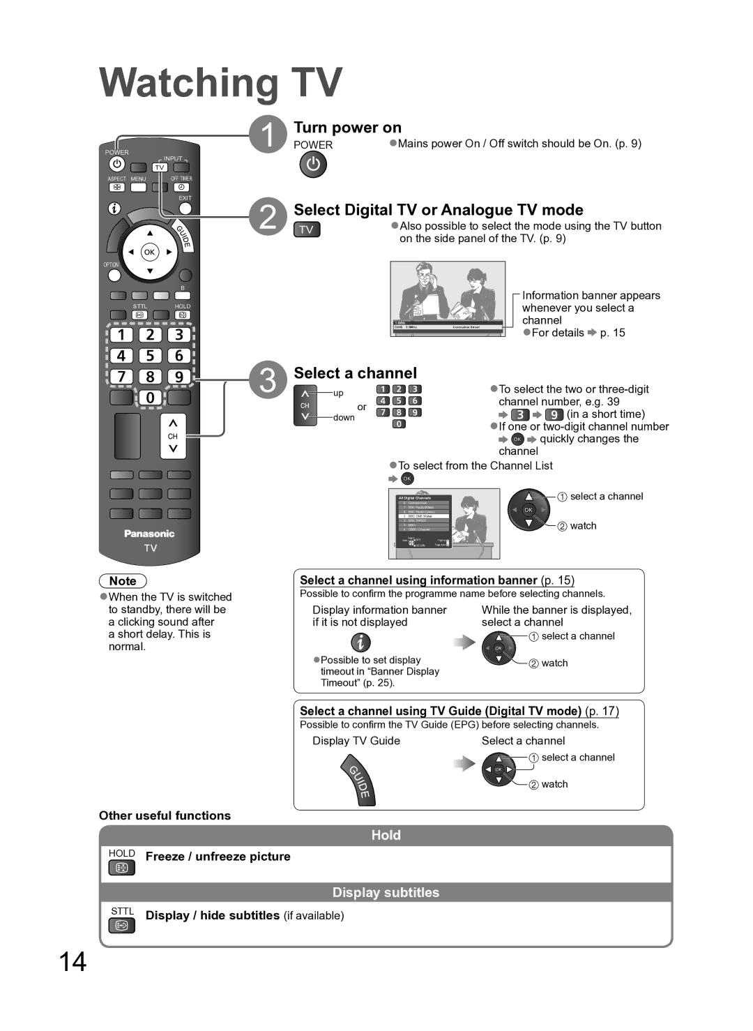 Panasonic TH-L42S10A manual Watching TV, Turn power on, Select Digital TV or Analogue TV mode, Select a channel 