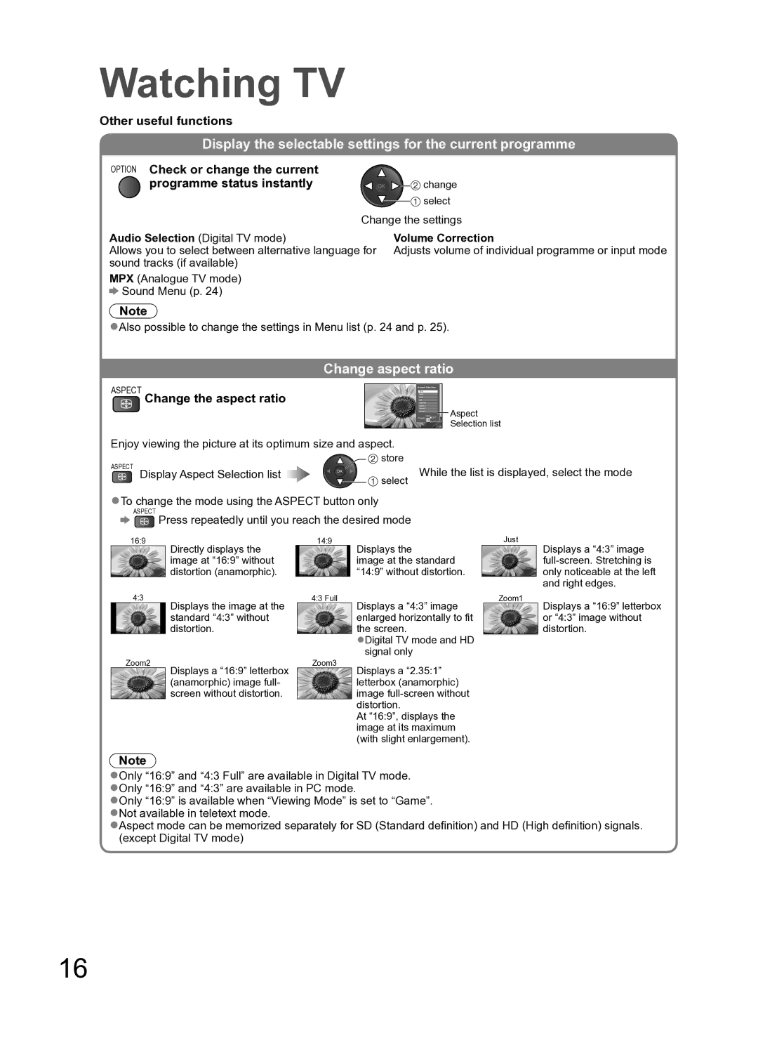 Panasonic TH-L42S10A Display the selectable settings for the current programme, Change aspect ratio, Volume Correction 