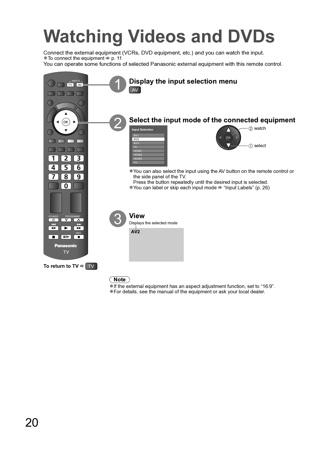 Panasonic TH-L42S10A manual Watching Videos and DVDs, View, To return to TV TV 