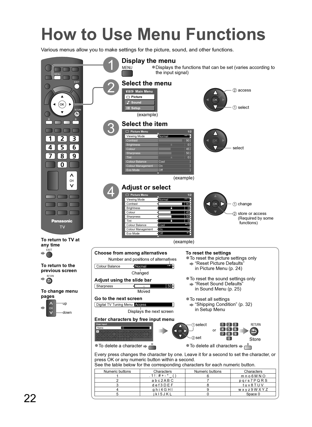 Panasonic TH-L42S10A manual How to Use Menu Functions, Display the menu, Select the menu, Select the item, Adjust or select 