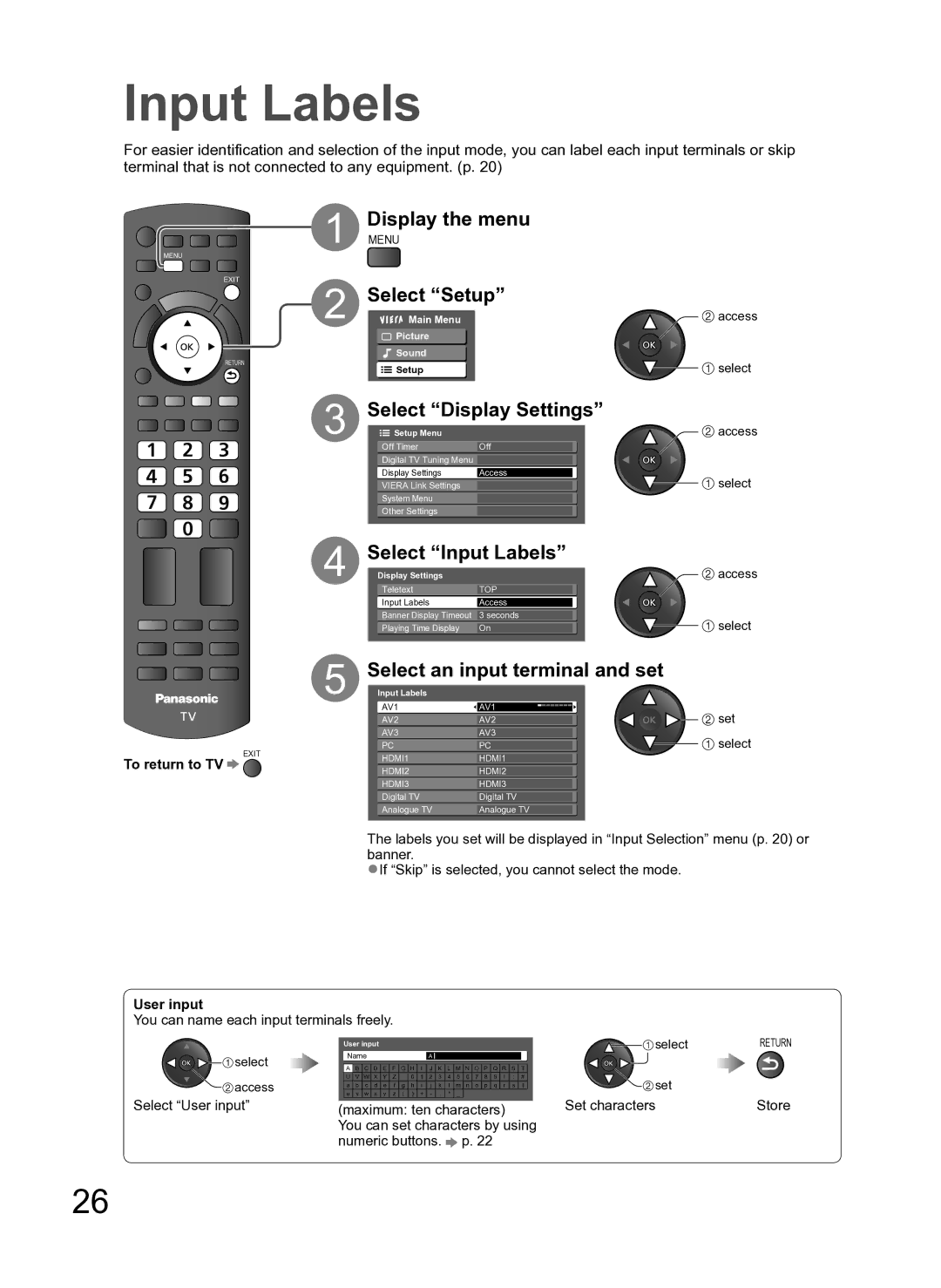 Panasonic TH-L42S10A Select Setup, Select Display Settings, Select Input Labels, Select an input terminal and set 