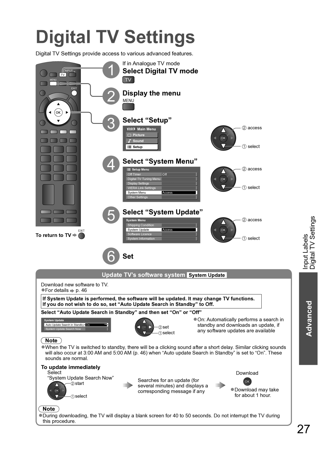 Panasonic TH-L42S10A manual Digital TV Settings, Select Digital TV mode, Select Setup, Select System Menu 