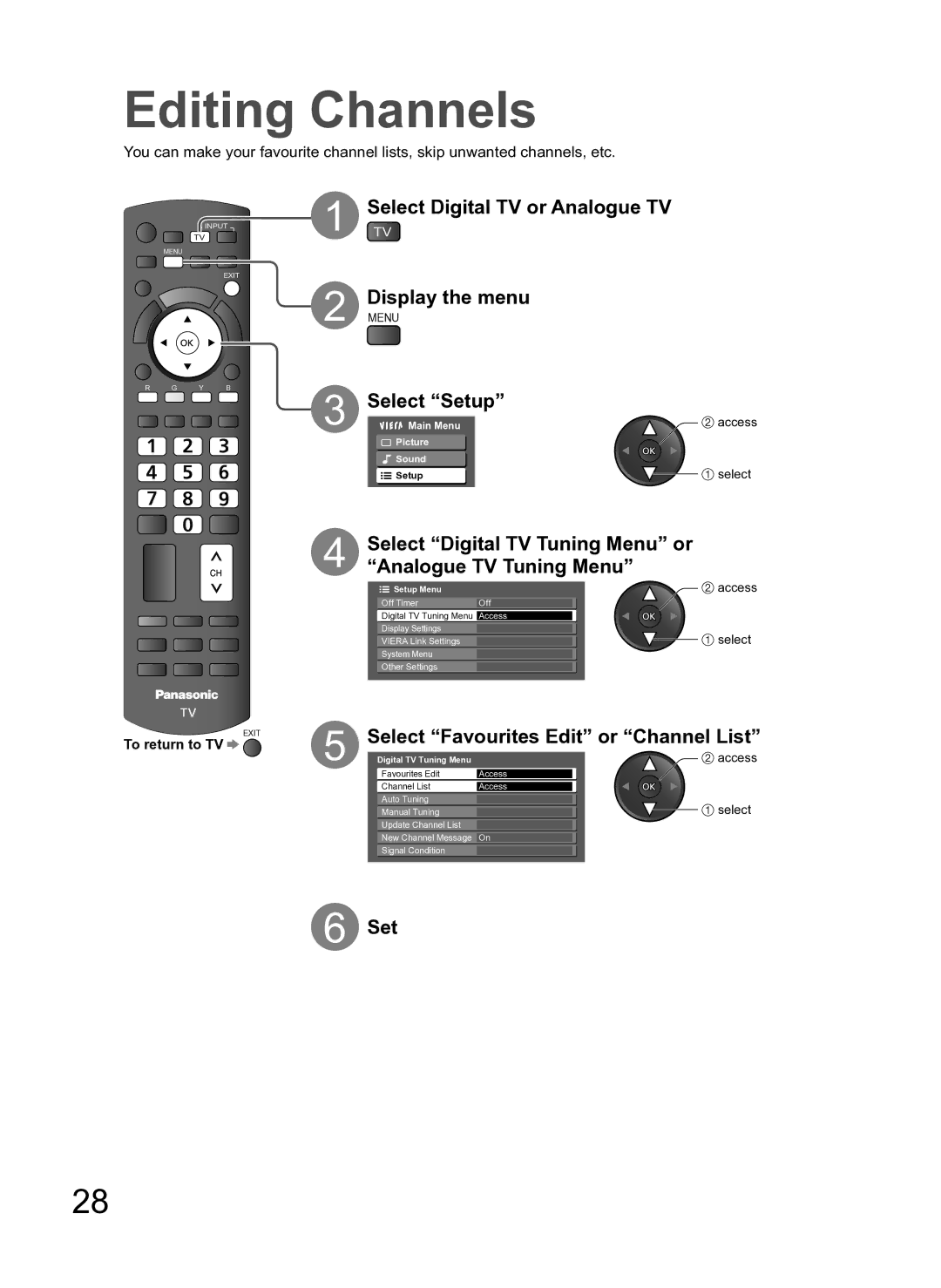 Panasonic TH-L42S10A manual Editing Channels, Select Digital TV or Analogue TV Display the menu, Analogue TV Tuning Menu 