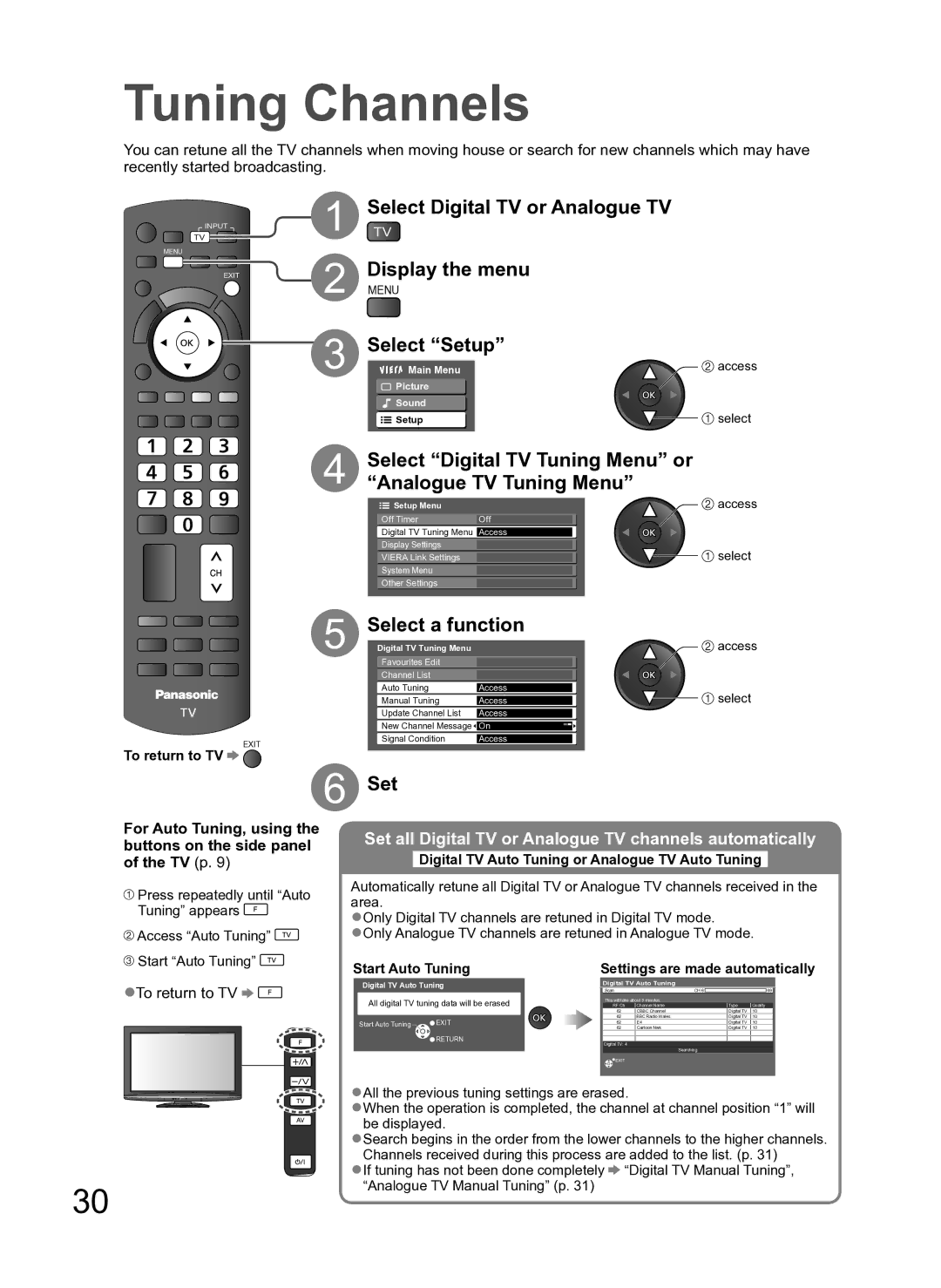 Panasonic TH-L42S10A manual Tuning Channels, Select Digital TV Tuning Menu or Analogue TV Tuning Menu, Select a function 