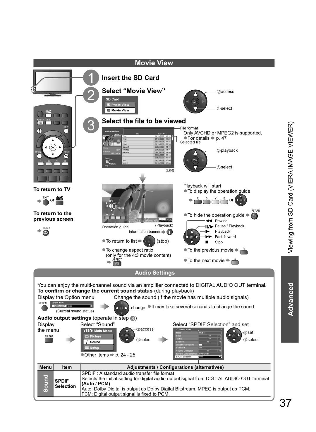 Panasonic TH-L42S10A manual Movie View, Insert the SD Card, Select the file to be viewed, Audio Settings, Sound 