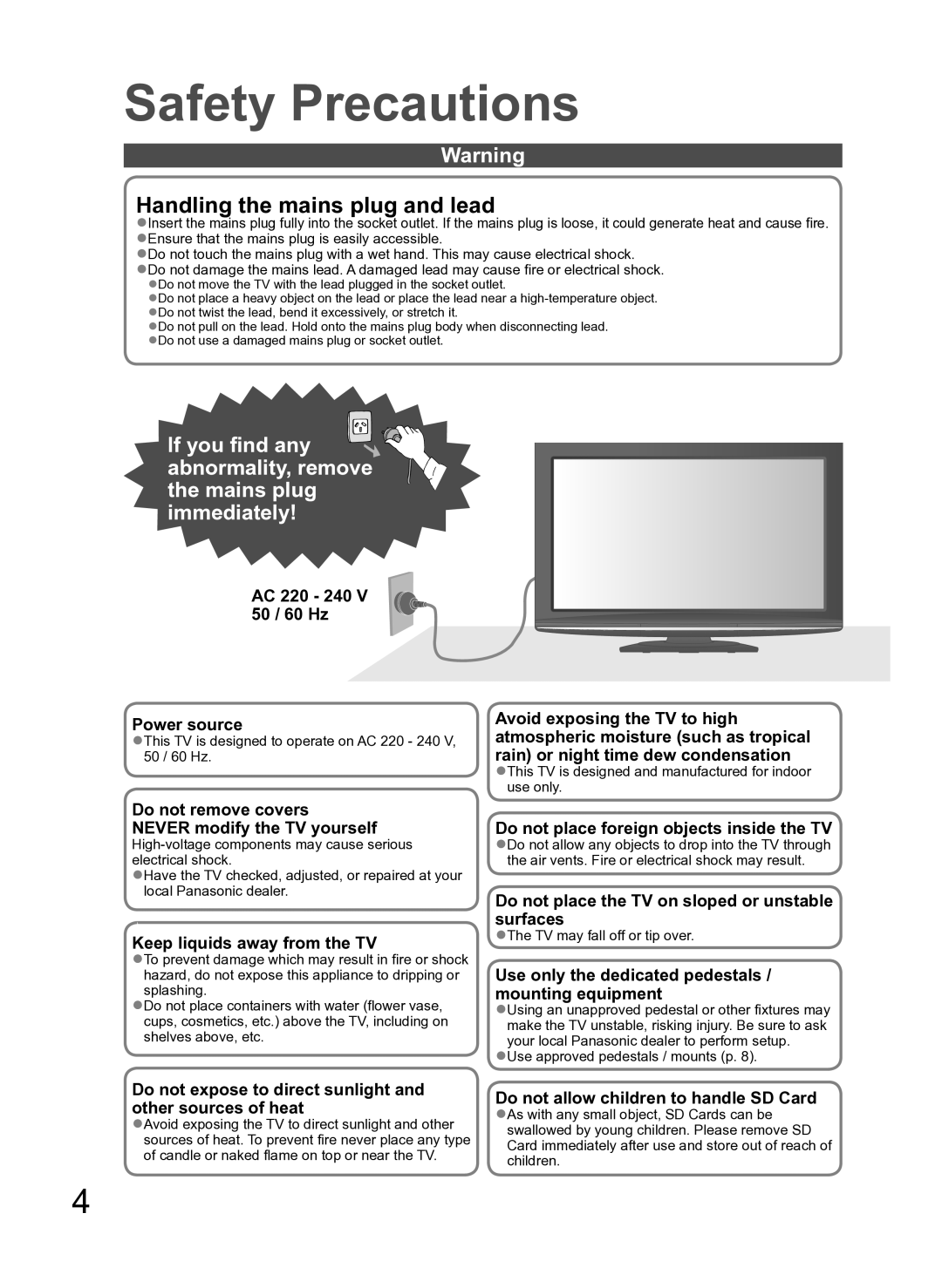 Panasonic TH-L42S10A manual Safety Precautions, This TV is designed to operate on AC 220 240 V, 50 / 60 Hz 