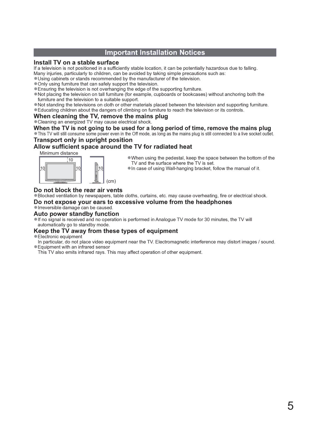 Panasonic TH-L42S10A manual Important Installation Notices, Cleaning an energized TV may cause electrical shock 