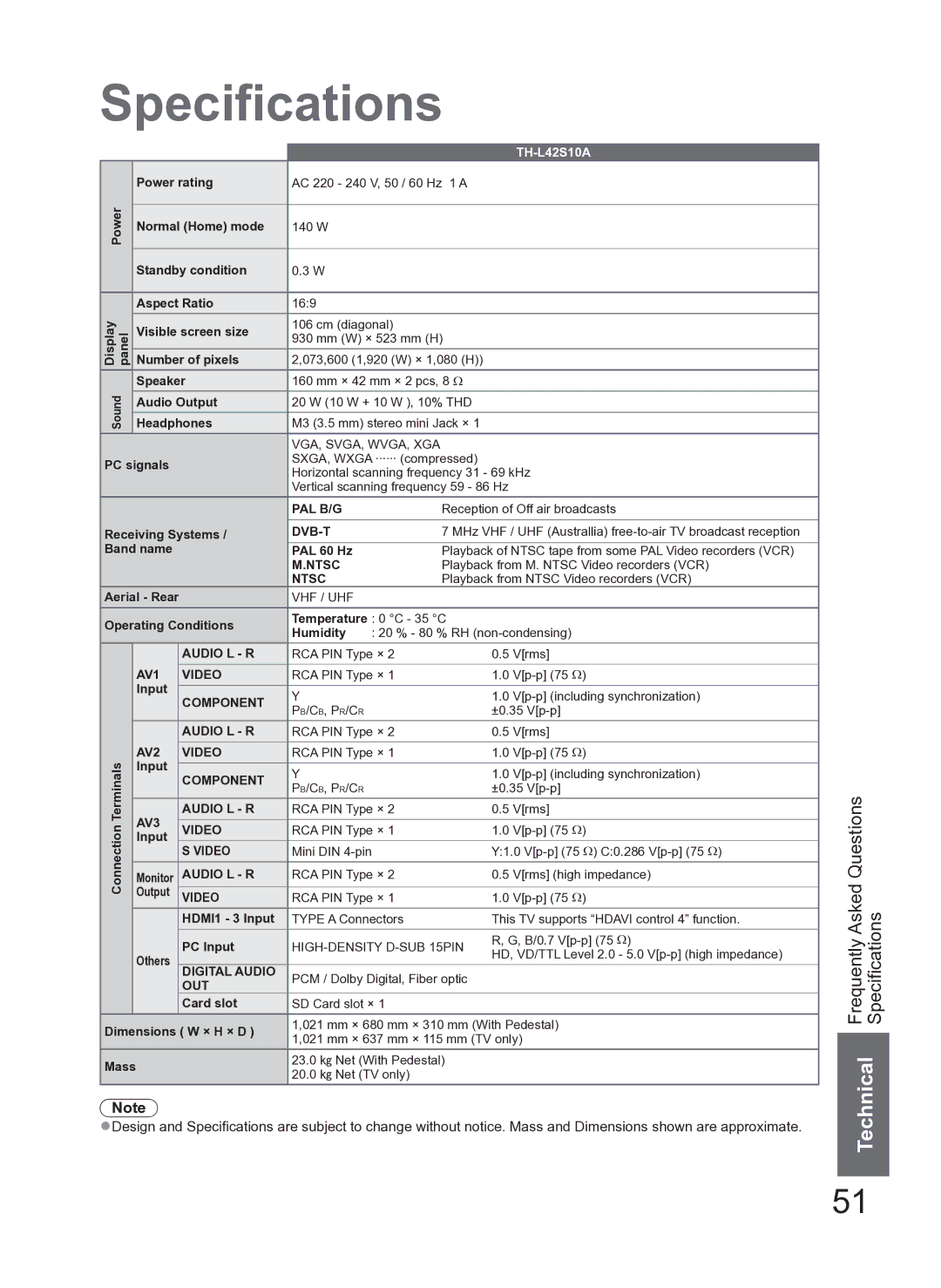 Panasonic TH-L42S10A manual Specifications 