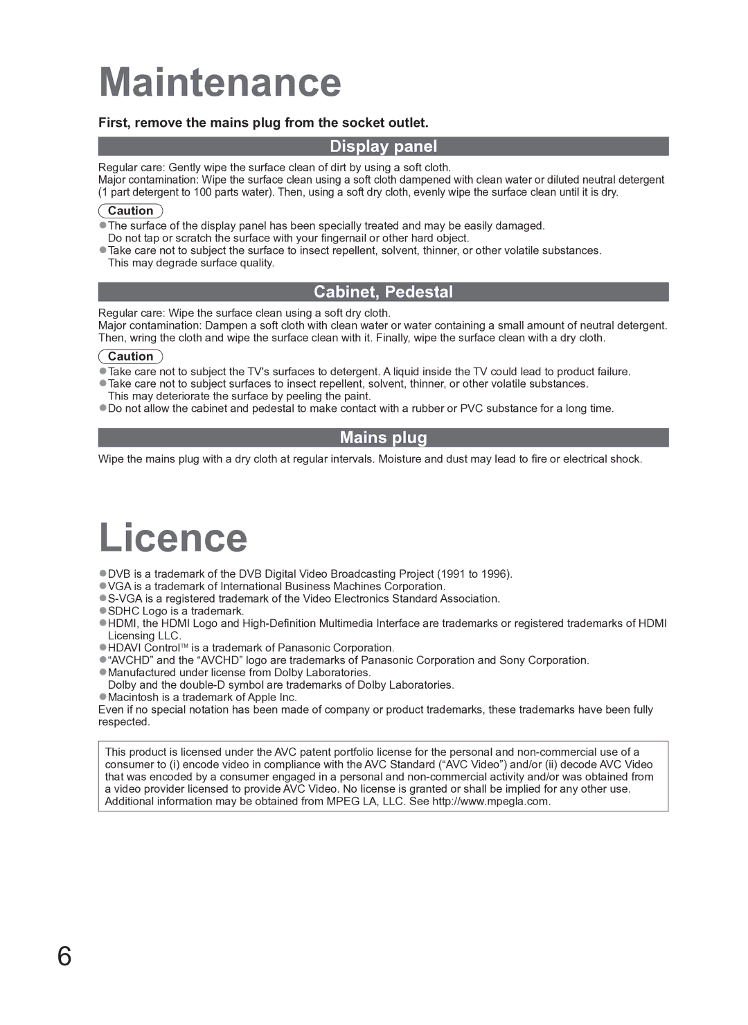 Panasonic TH-L42S10A manual Maintenance, Licence, Display panel, Cabinet, Pedestal, Mains plug 