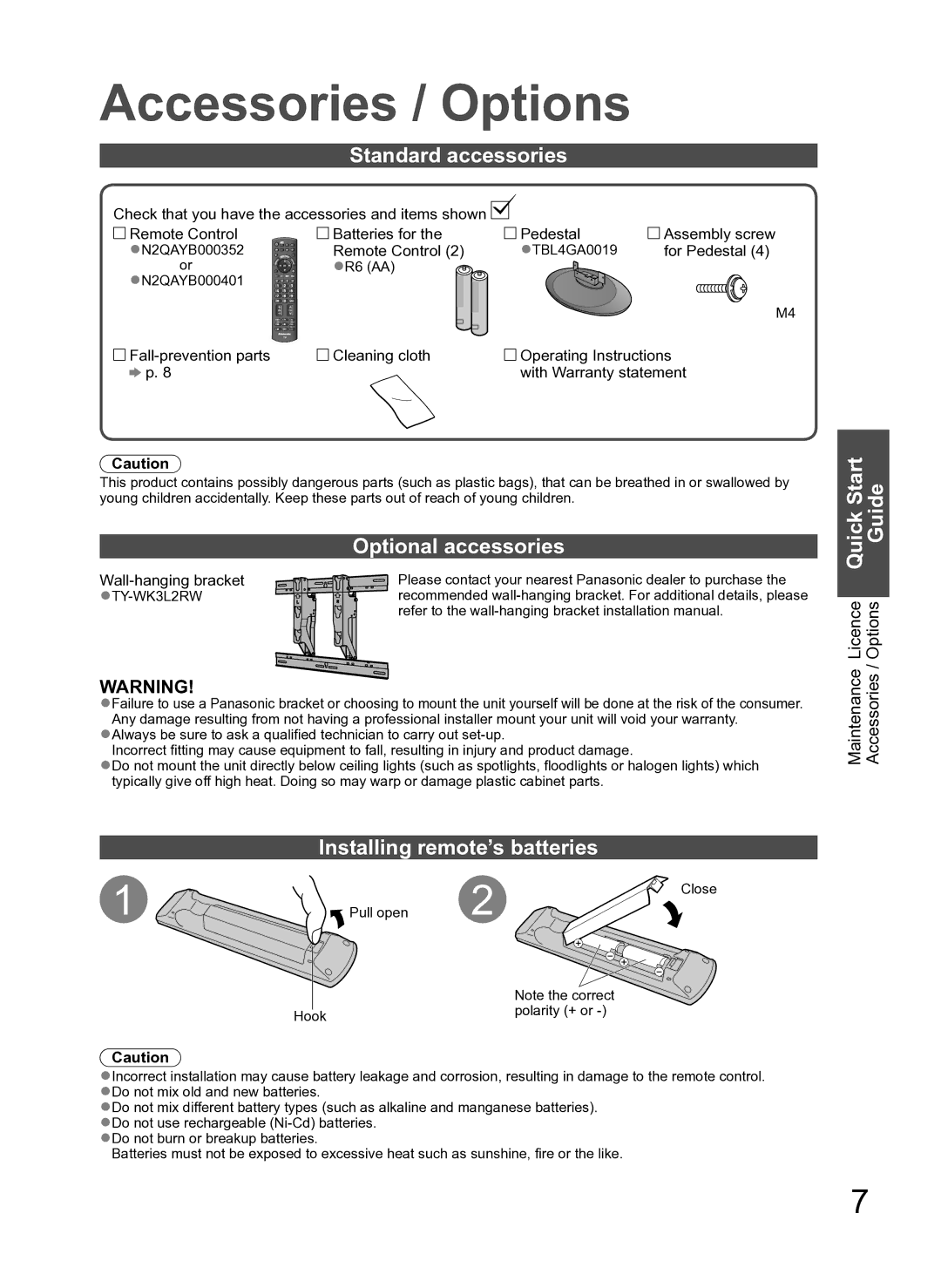 Panasonic TH-L42S10A Accessories / Options, Standard accessories, Optional accessories, Installing remote’s batteries 