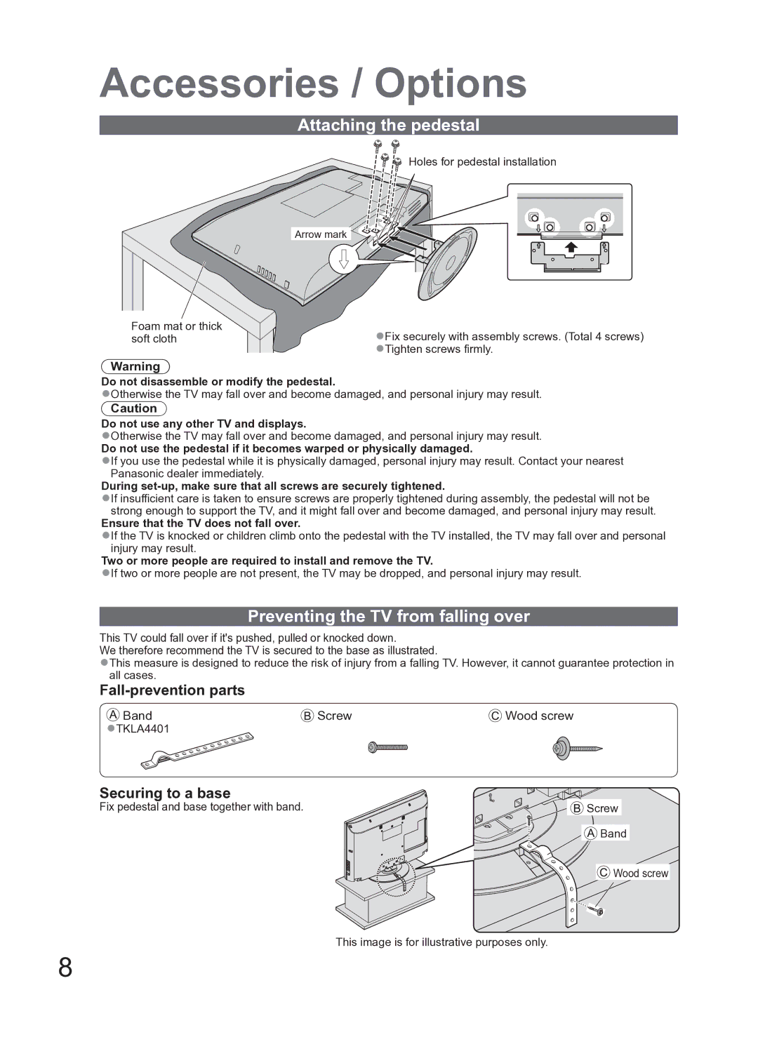 Panasonic TH-L42S10A Attaching the pedestal, Preventing the TV from falling over, Do not use any other TV and displays 