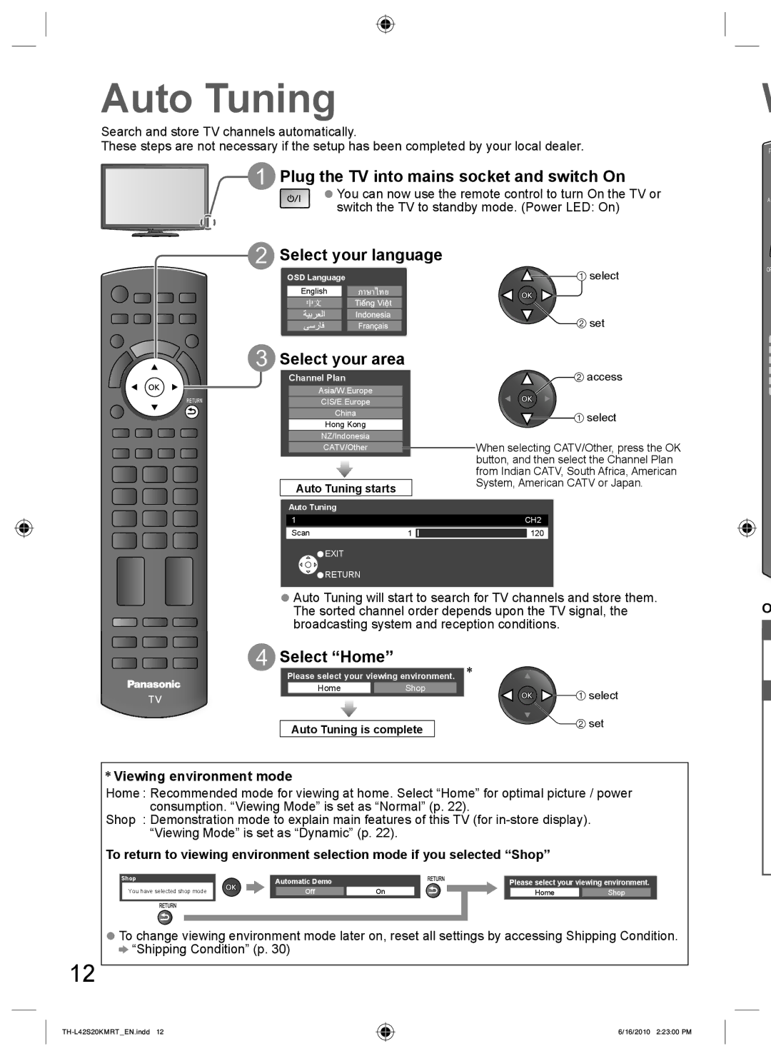 Panasonic TH-L42S20T manual Auto Tuning, Plug the TV into mains socket and switch On, Select your language, Select Home 