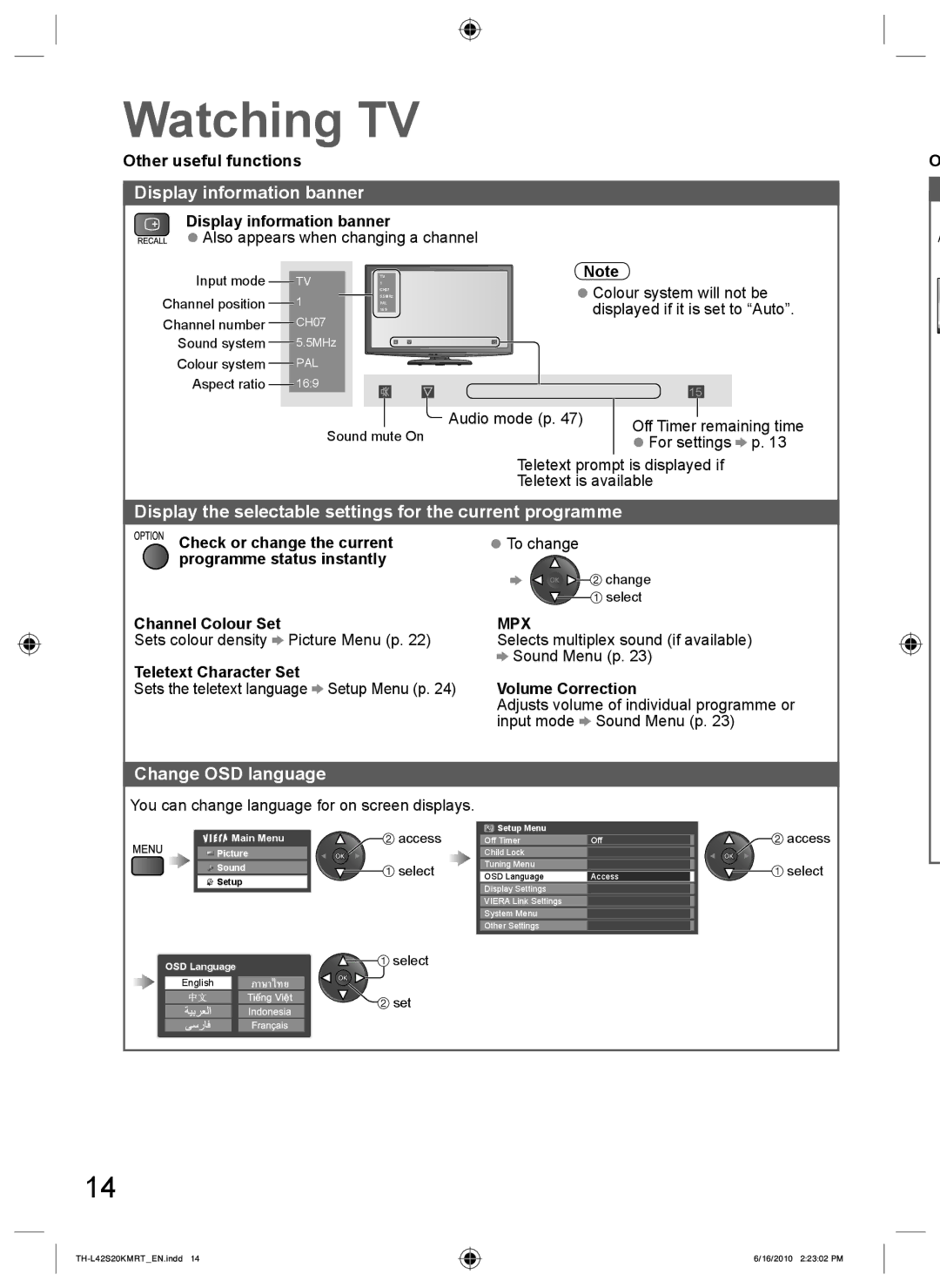 Panasonic TH-L42S20M, TH-L42S20T Display information banner, Display the selectable settings for the current programme 