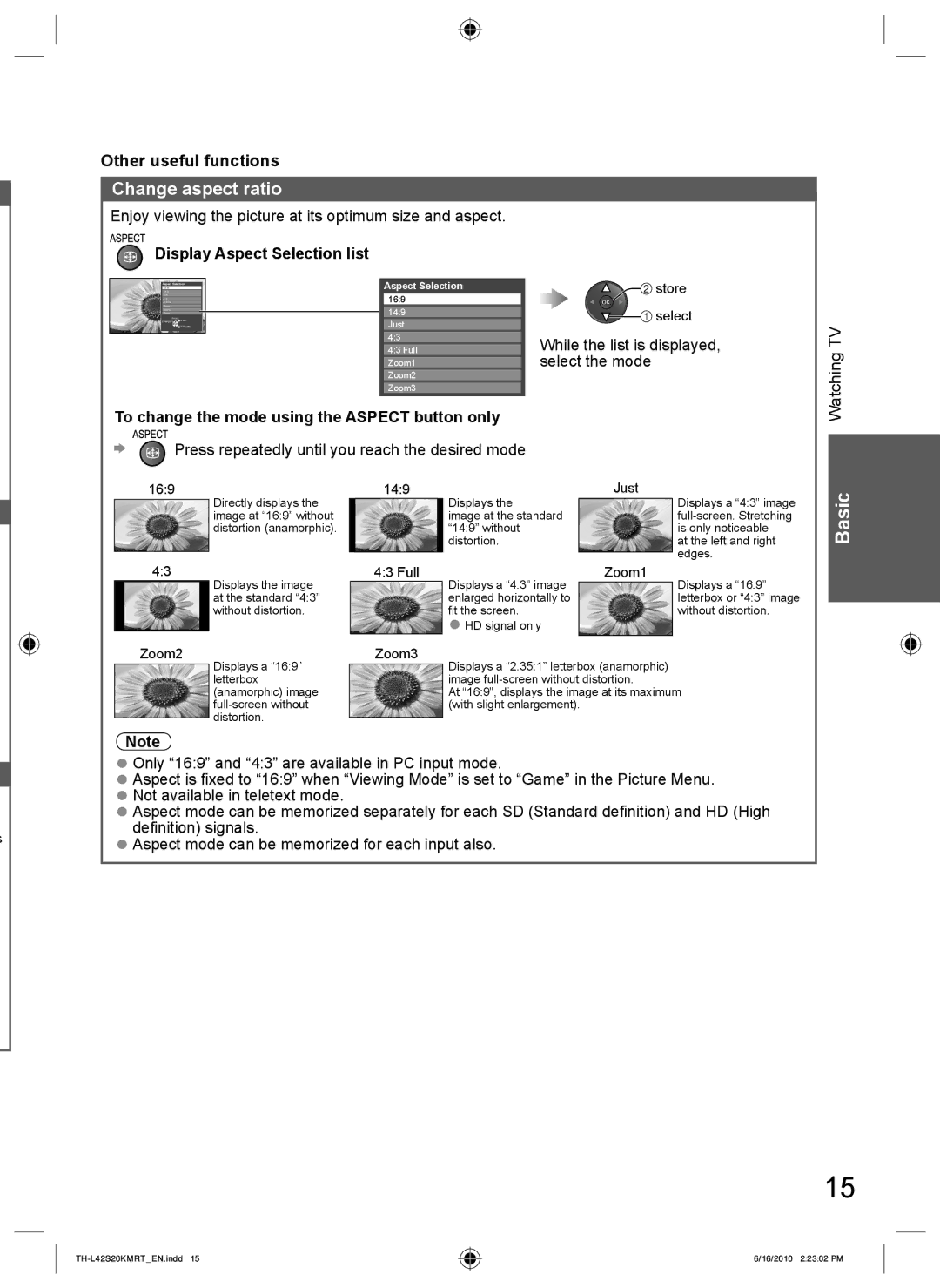 Panasonic TH-L42S20K Change aspect ratio, Display Aspect Selection list, To change the mode using the Aspect button only 