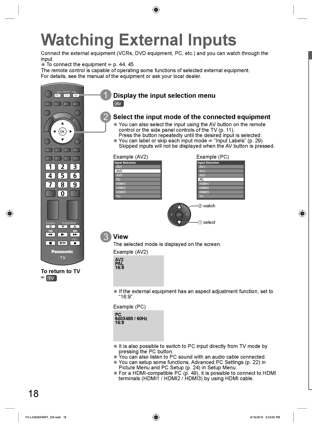 Panasonic TH-L42S20M Watching External Inputs, View, To return to TV, Selected mode is displayed on the screen Example AV2 