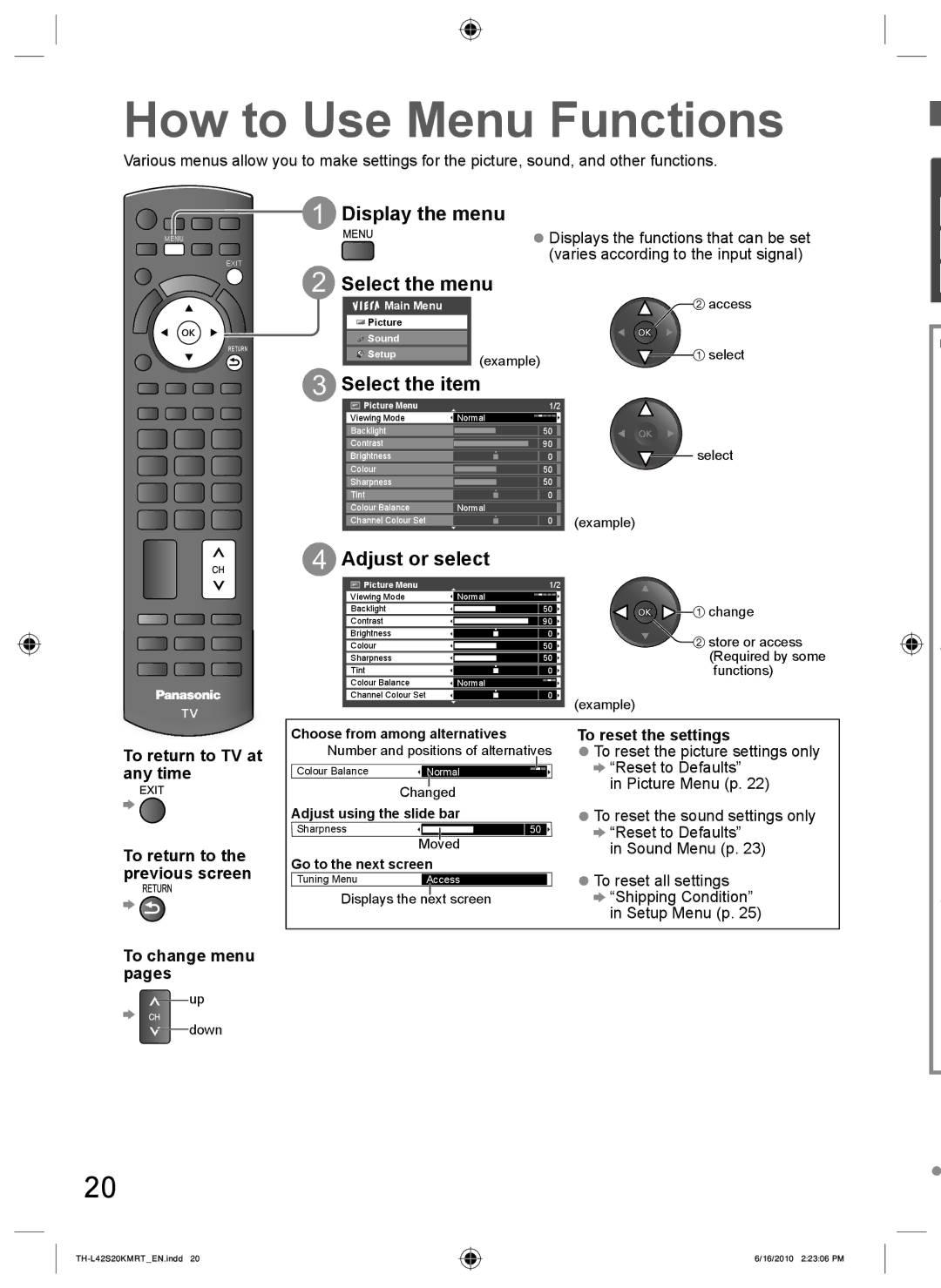 Panasonic TH-L42S20T manual How to Use Menu Functions, Display the menu Select the menu, Select the item, Adjust or select 