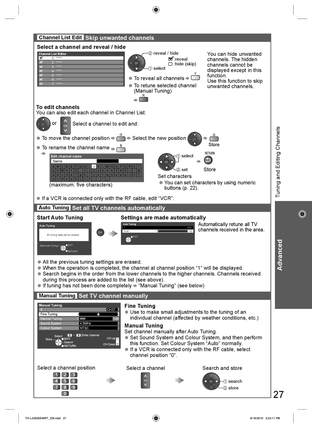 Panasonic TH-L42S20K, TH-L42S20T Channel List Edit Skip unwanted channels, Auto Tuning Set all TV channels automatically 