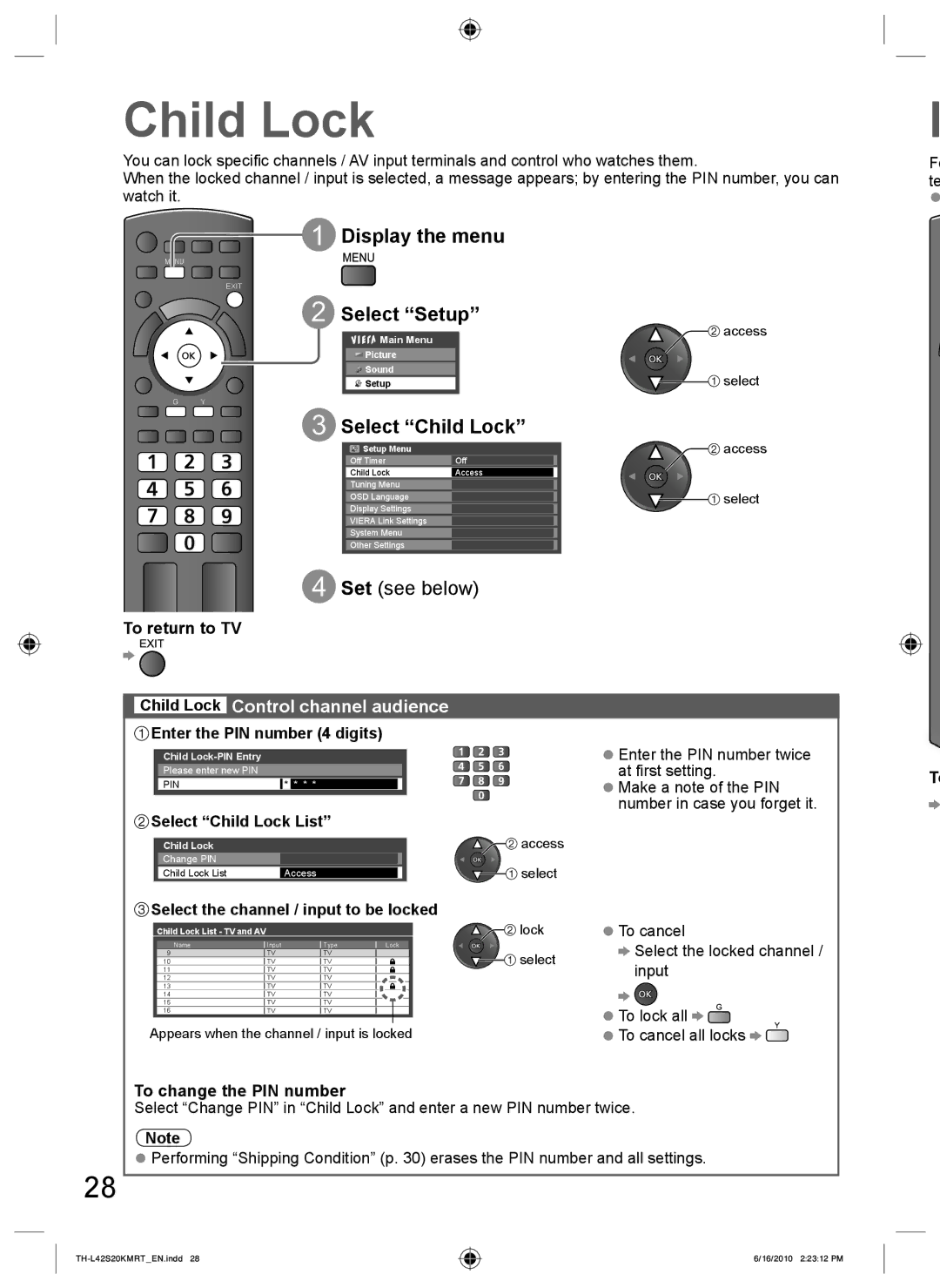 Panasonic TH-L42S20T manual Display the menu, Select Setup, Select Child Lock, Child Lock Control channel audience 