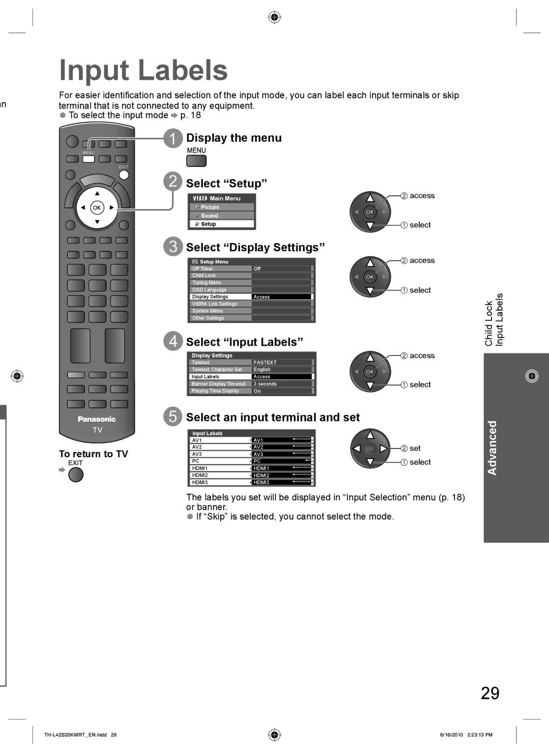 Panasonic TH-L42S20R, TH-L42S20T manual Display the menu Select Setup, Select Display Settings, Select Input Labels 