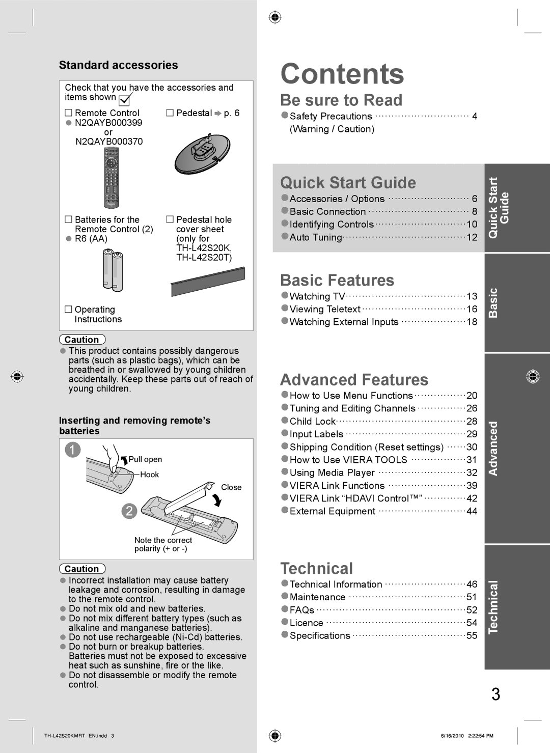 Panasonic TH-L42S20K, TH-L42S20T, TH-L42S20R, TH-L42S20M manual Contents 