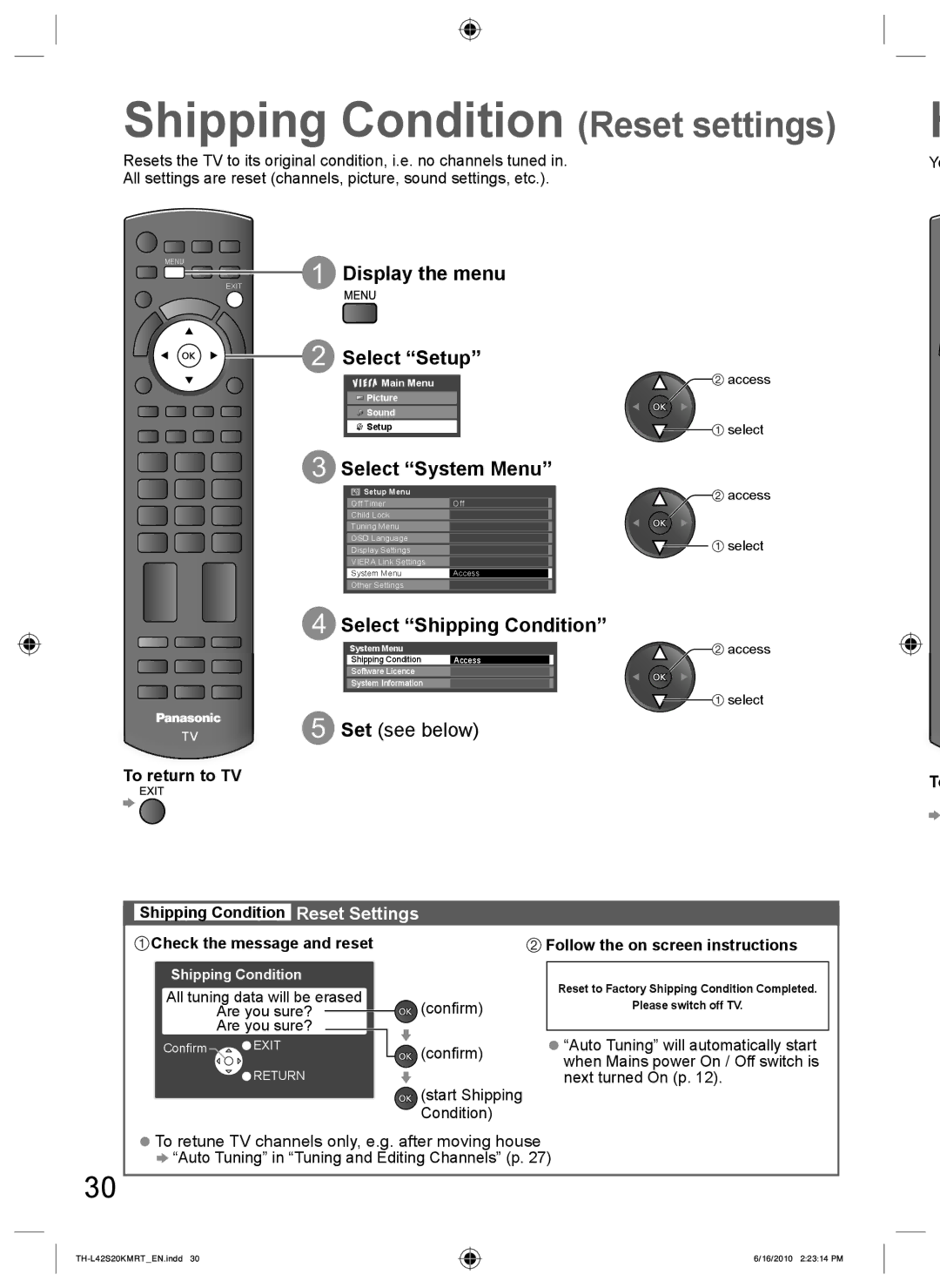 Panasonic TH-L42S20M, TH-L42S20T manual Shipping Condition Reset settings, Select System Menu, Select Shipping Condition 