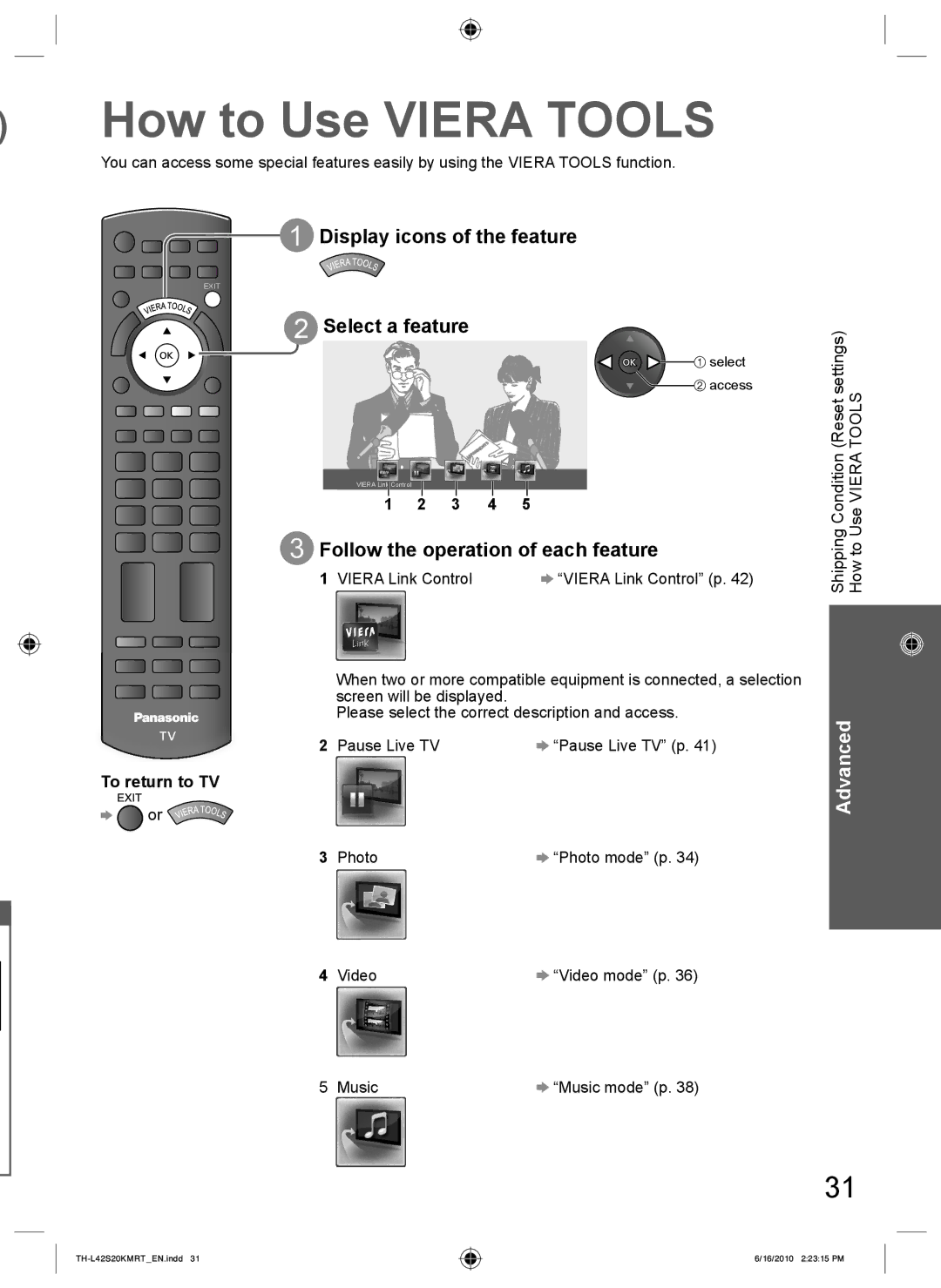 Panasonic TH-L42S20K, TH-L42S20T, TH-L42S20R How to Use Viera Tools, Display icons of the feature, Select a feature, 3 4 