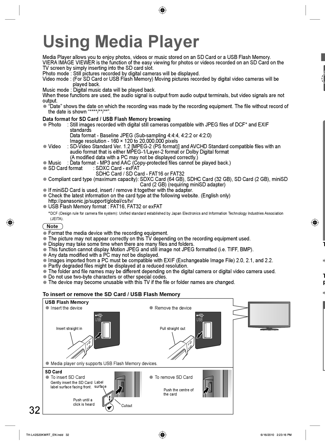 Panasonic TH-L42S20T, TH-L42S20R, TH-L42S20M manual Using Media Player, Data format for SD Card / USB Flash Memory browsing 