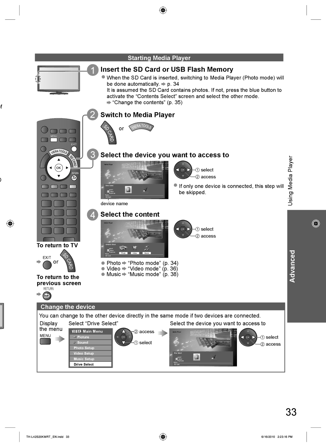 Panasonic TH-L42S20R, TH-L42S20T manual Insert the SD Card or USB Flash Memory, Switch to Media Player, Select the content 