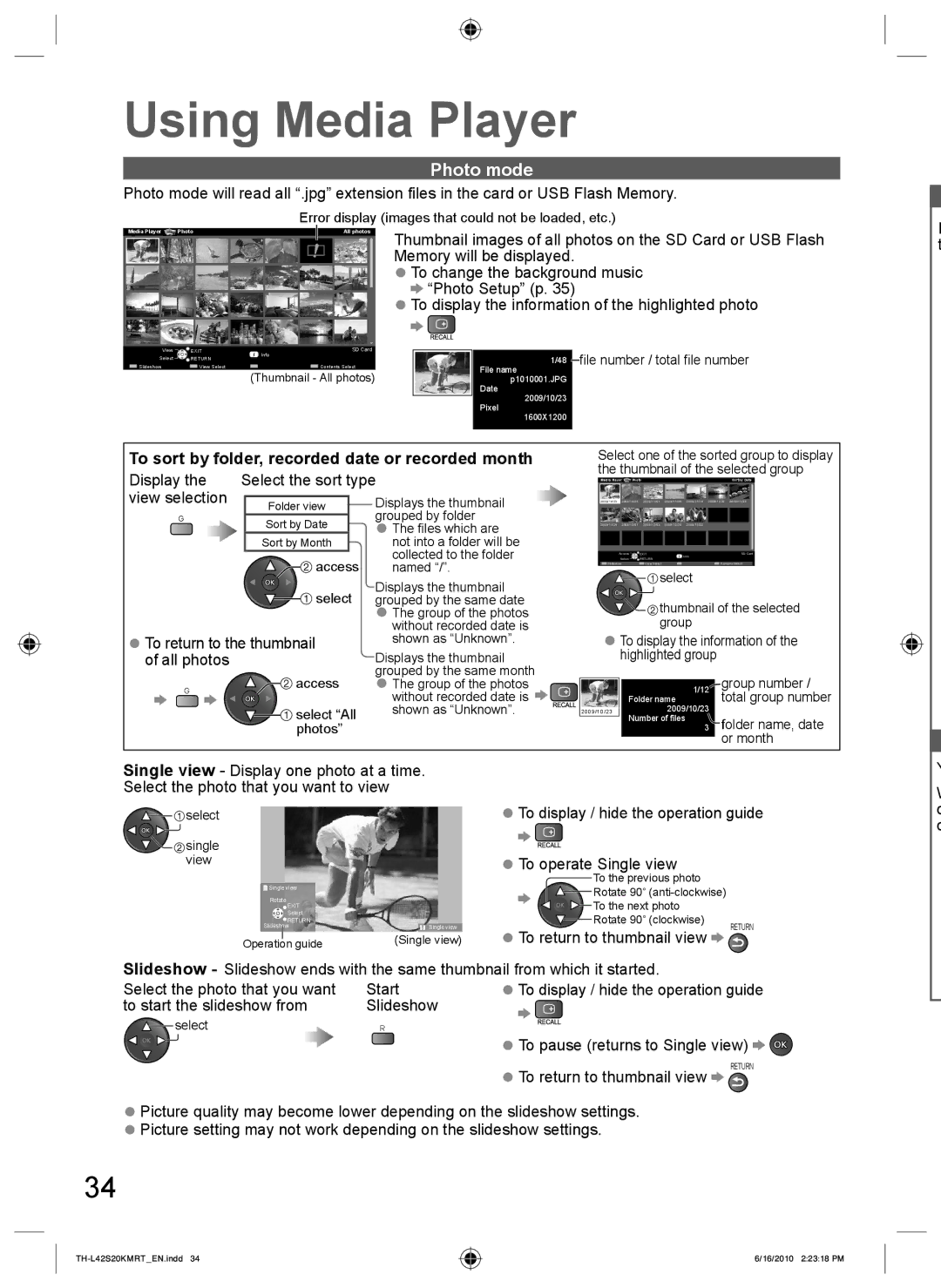 Panasonic TH-L42S20M Photo mode, Thumbnail images of all photos on the SD Card or USB Flash, Memory will be displayed 