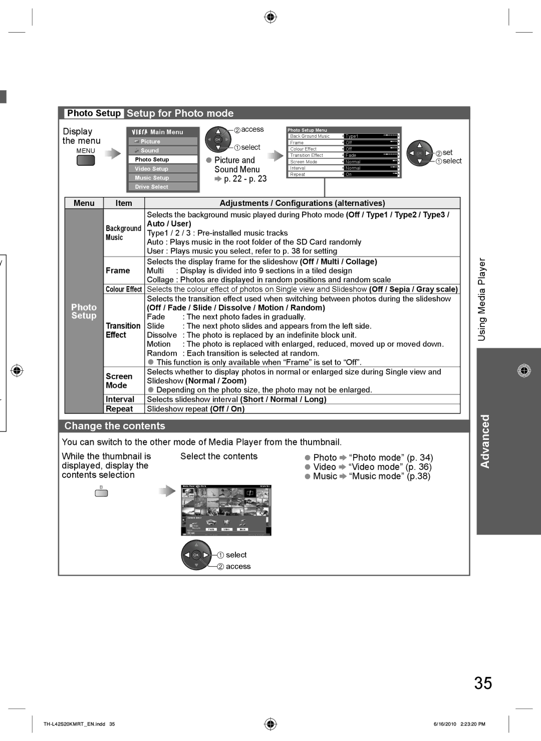 Panasonic TH-L42S20K, TH-L42S20T, TH-L42S20R, TH-L42S20M manual Photo Setup Setup for Photo mode, Change the contents 