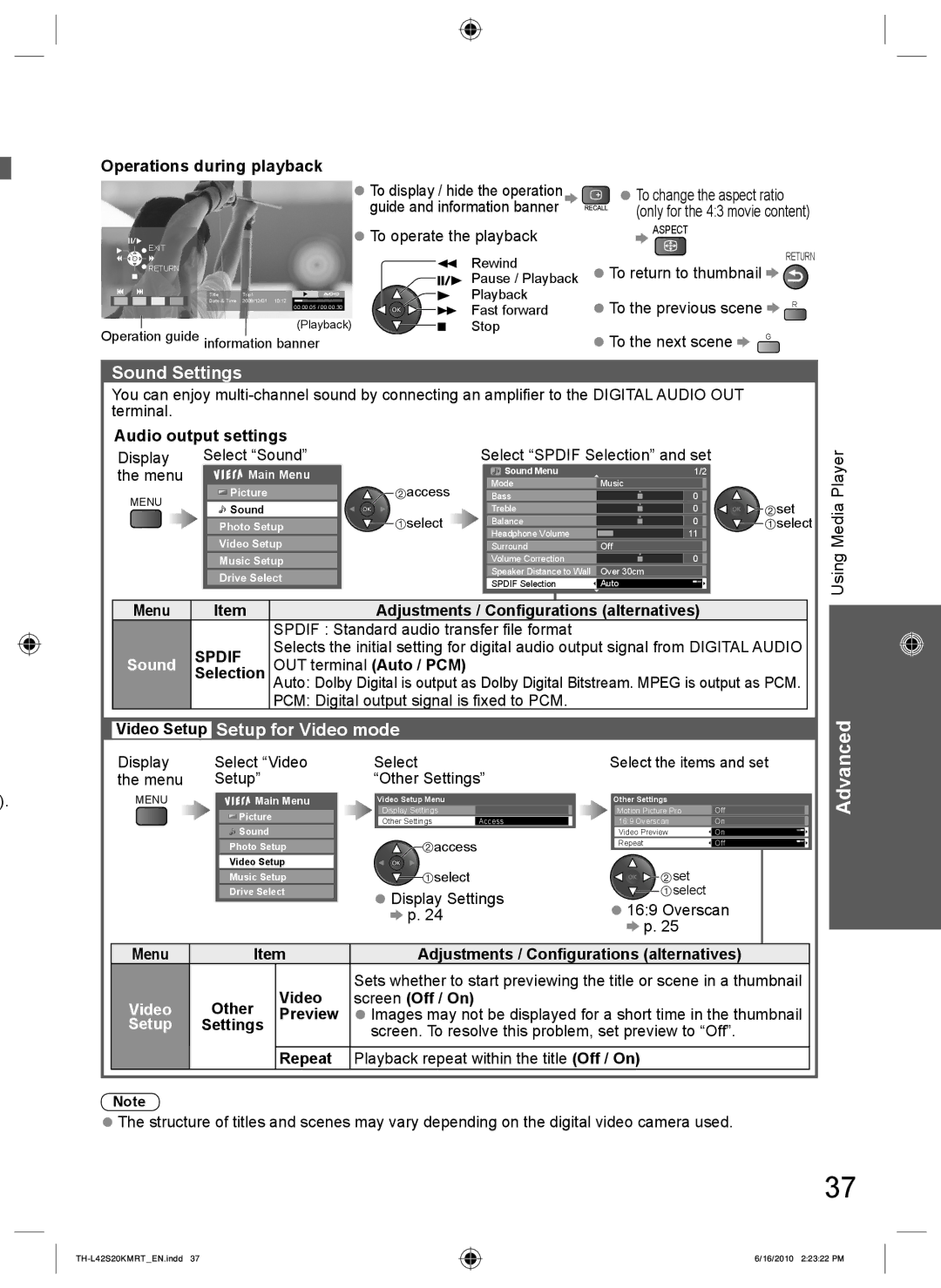 Panasonic TH-L42S20R, TH-L42S20T, TH-L42S20M, TH-L42S20K manual Sound Settings, Video Setup Setup for Video mode 