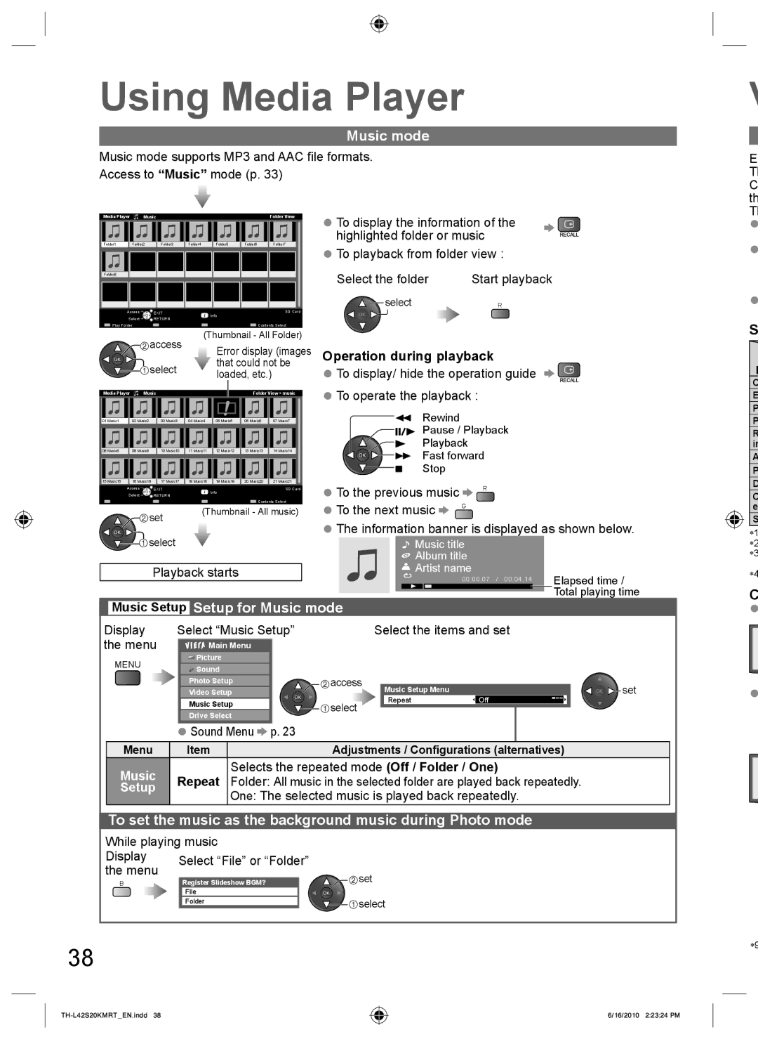 Panasonic TH-L42S20M Music Setup Setup for Music mode, To set the music as the background music during Photo mode 