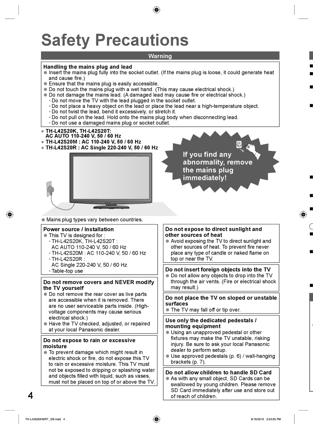 Panasonic TH-L42S20T, TH-L42S20R, TH-L42S20M, TH-L42S20K manual Safety Precautions 