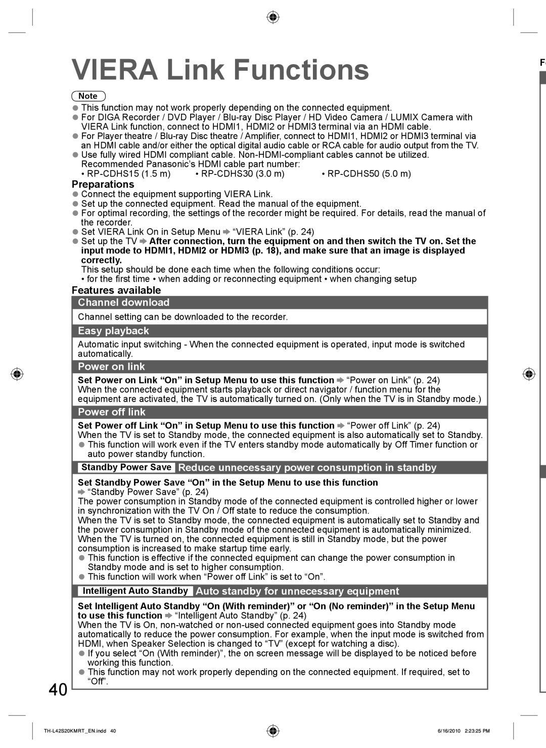 Panasonic TH-L42S20T, TH-L42S20R, TH-L42S20M, TH-L42S20K manual Channel download, Easy playback, Power on link, Power off link 